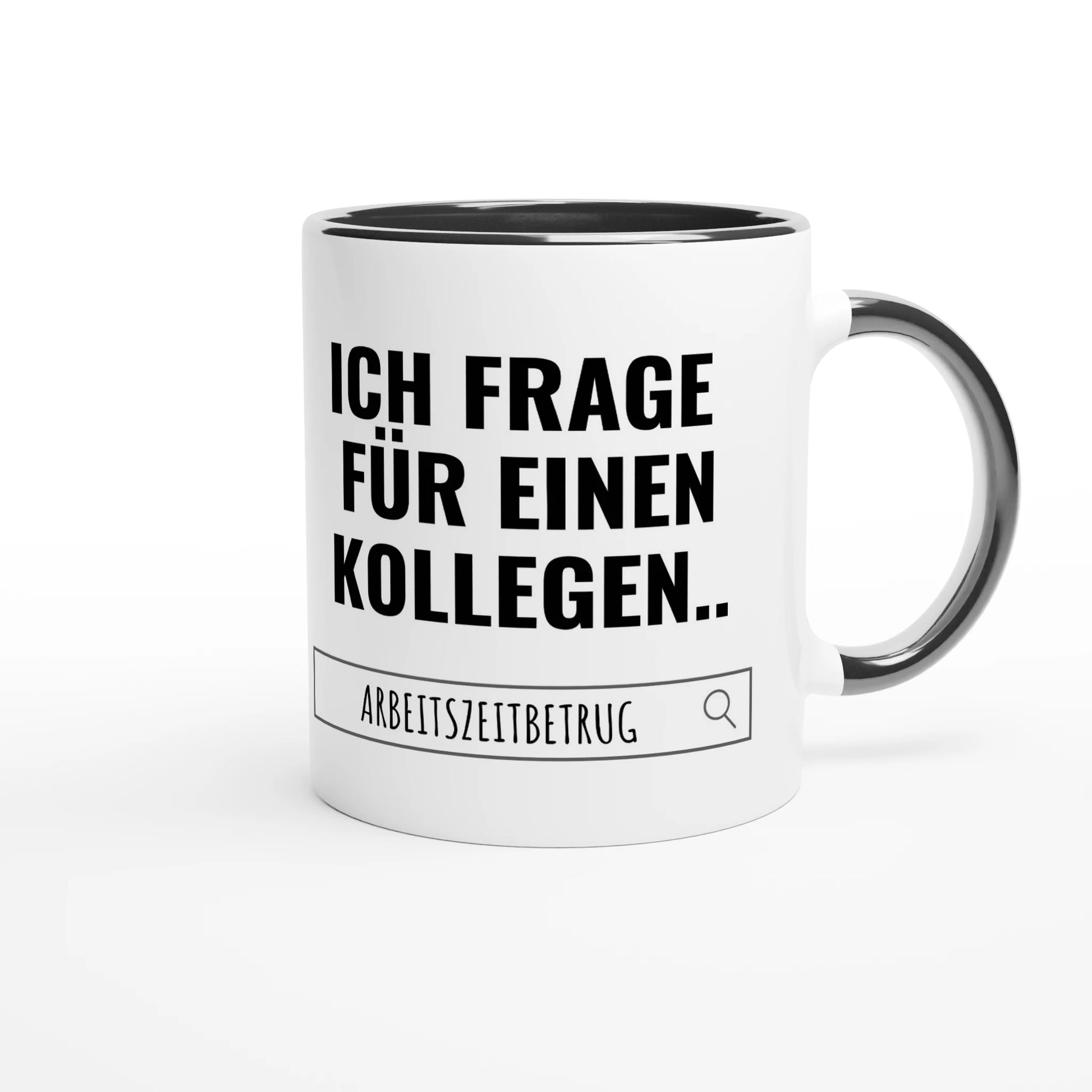Zweifarbige Keramiktasse 325 ml mit Aufdruck "Ich frage für einen Kollegen" in Schwarz – Schreibtischtasse von Vollzeitfrust
