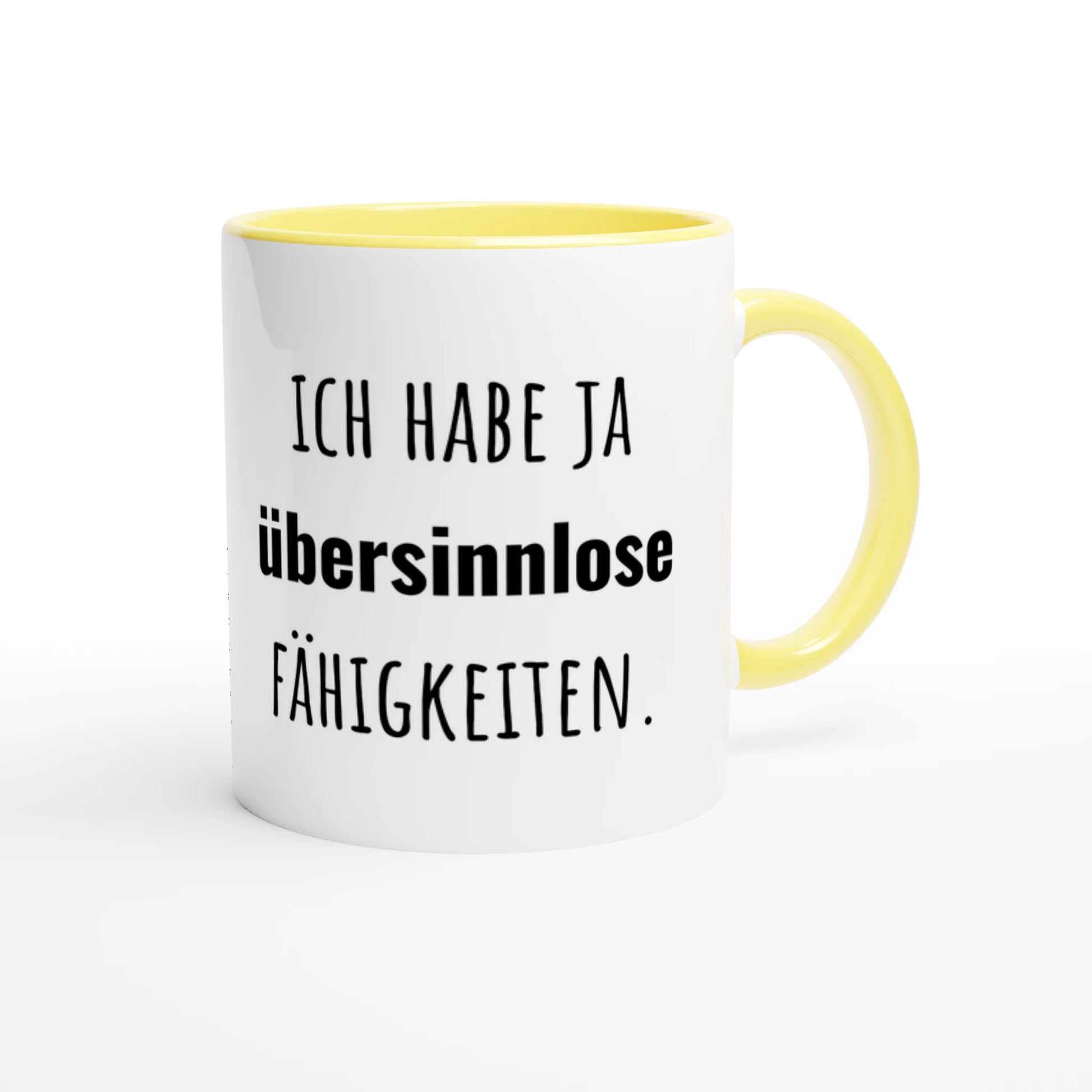 Zweifarbige Keramiktasse 325 ml mit Aufdruck "Ich habe ja übersinnlose Fähigkeiten" in Gelb – Schreibtischtasse von Vollzeitfrust
