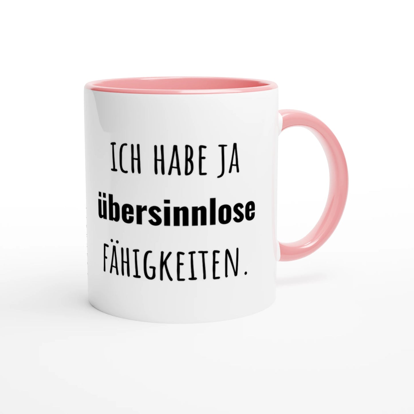 Zweifarbige Keramiktasse 325 ml mit Aufdruck "Ich habe ja übersinnlose Fähigkeiten" in Rosa – Schreibtischtasse von Vollzeitfrust
