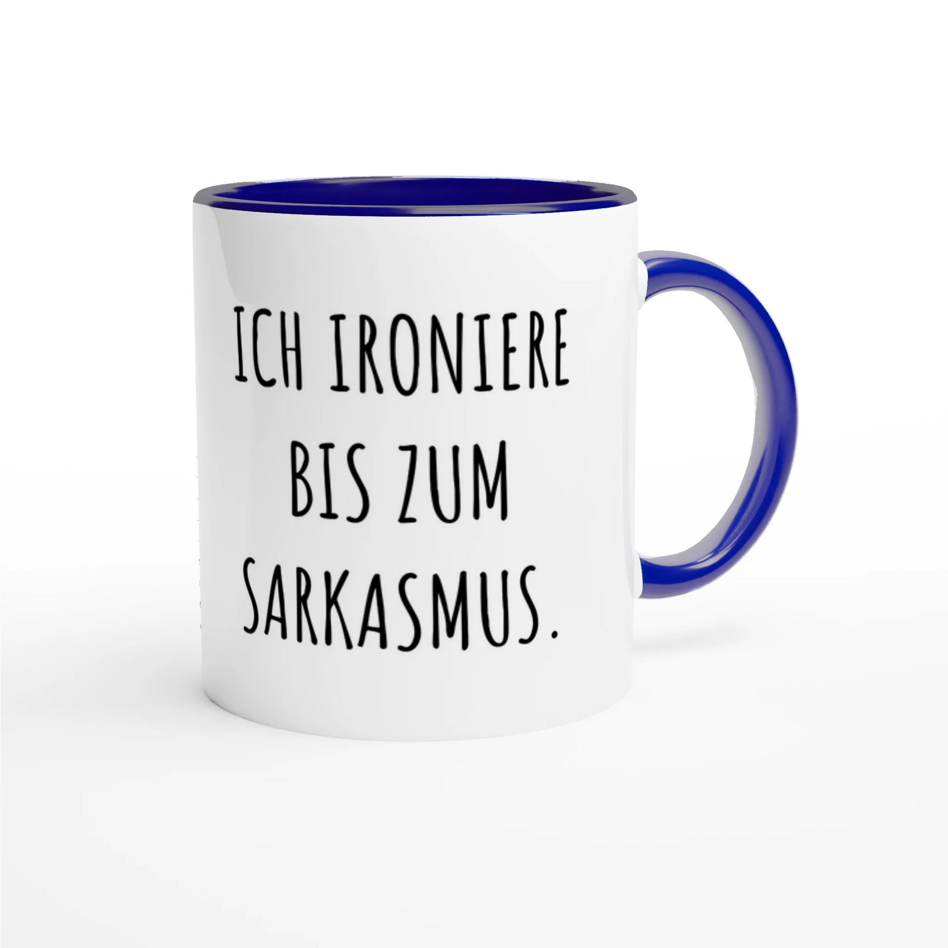 Zweifarbige Keramiktasse 325 ml mit Aufdruck "Ich ironiere bis zum Sarkasmus" in Blau – Schreibtischtasse von Vollzeitfrust
