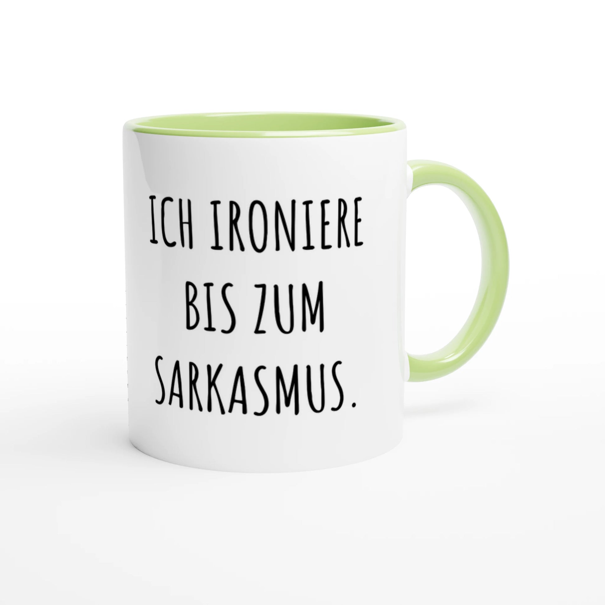Zweifarbige Keramiktasse 325 ml mit Aufdruck "Ich ironiere bis zum Sarkasmus" in Grün – Schreibtischtasse von Vollzeitfrust
