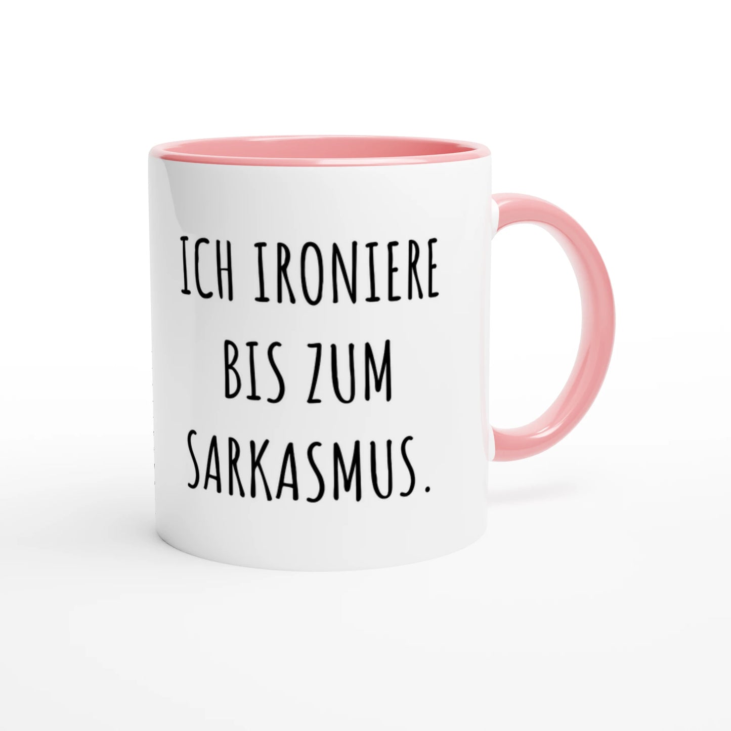 Zweifarbige Keramiktasse 325 ml mit Aufdruck "Ich ironiere bis zum Sarkasmus" in Rosa – Schreibtischtasse von Vollzeitfrust
