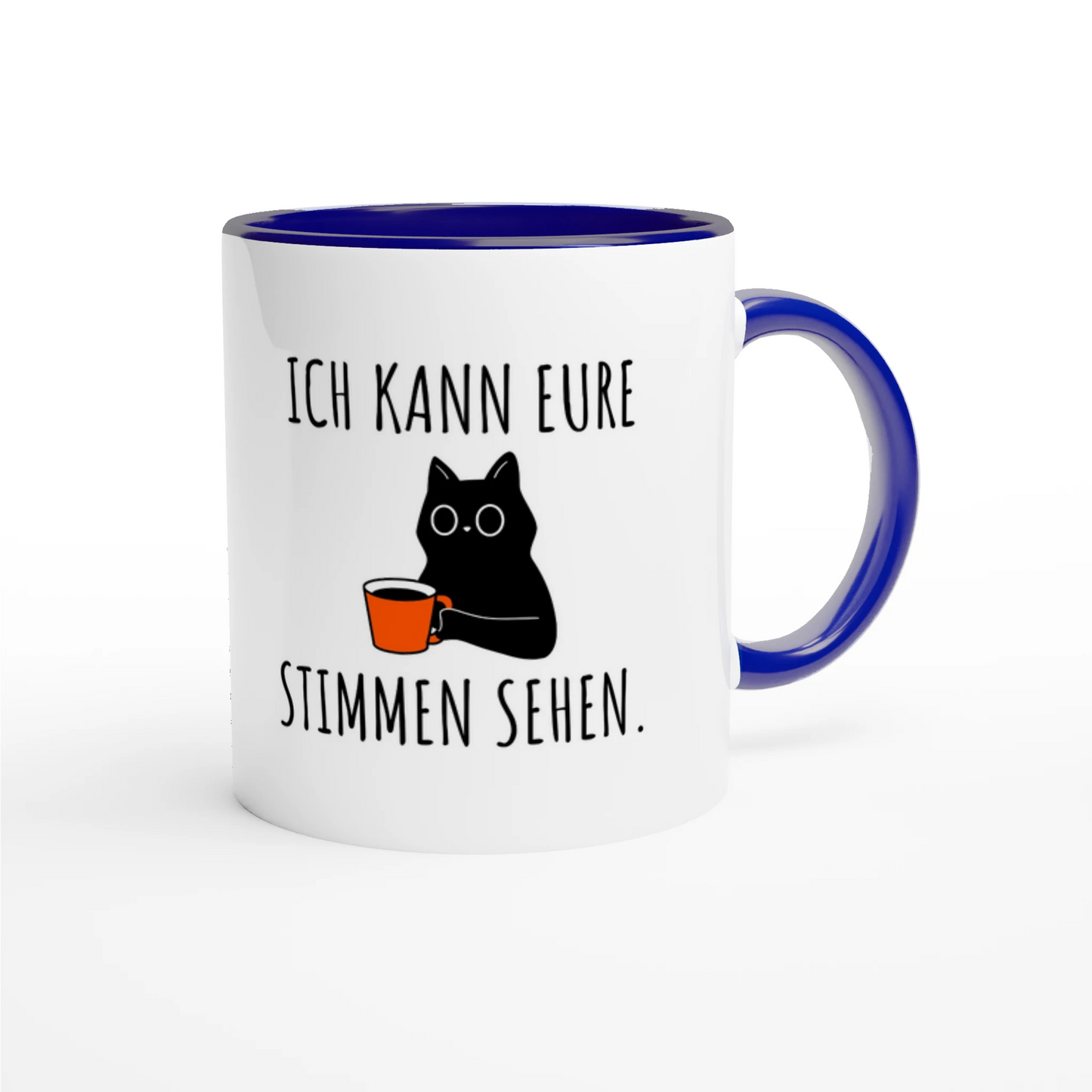 Zweifarbige Keramiktasse 325 ml mit Aufdruck "Ich kann eure Stimmen sehen" in Blau – Schreibtischtasse von Vollzeitfrust
