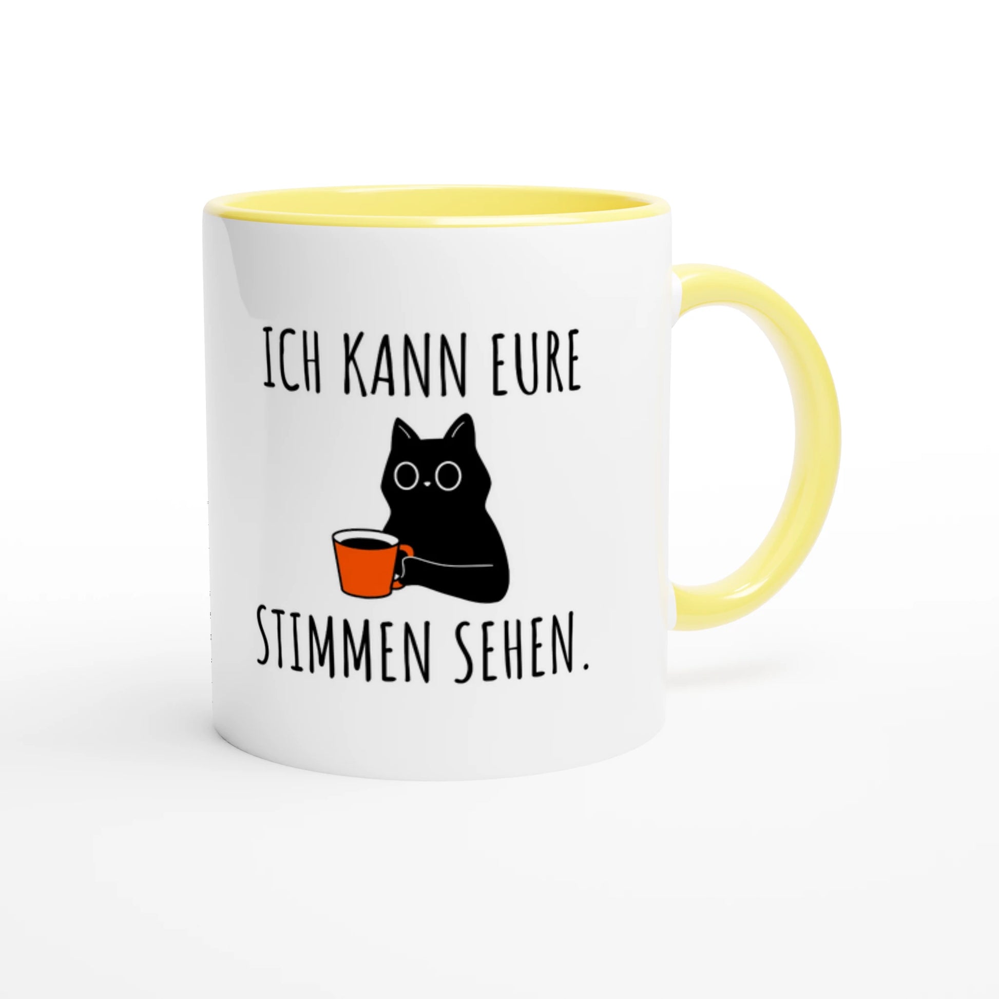 Zweifarbige Keramiktasse 325 ml mit Aufdruck "Ich kann eure Stimmen sehen" in Gelb – Schreibtischtasse von Vollzeitfrust
