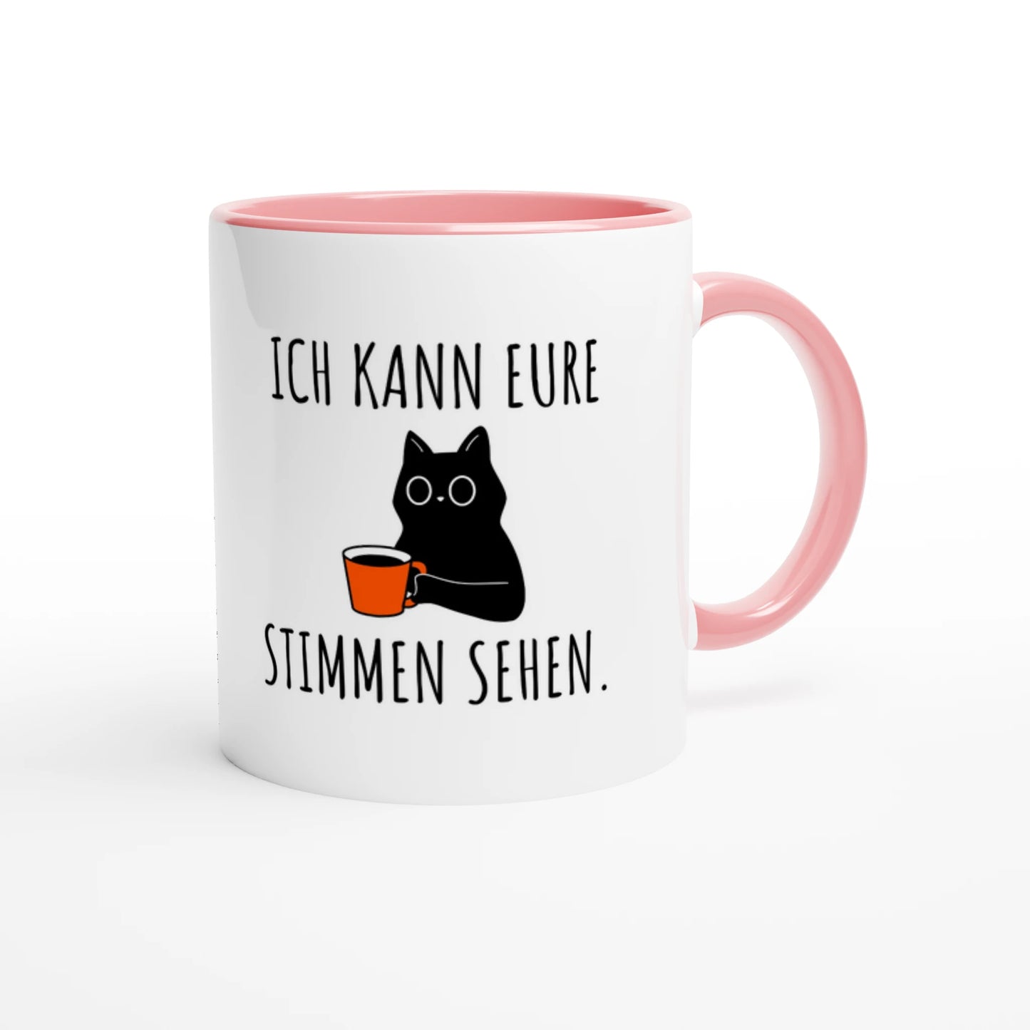 Zweifarbige Keramiktasse 325 ml mit Aufdruck "Ich kann eure Stimmen sehen" in Rosa – Schreibtischtasse von Vollzeitfrust
