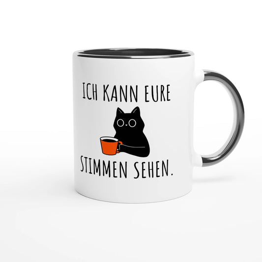 Zweifarbige Keramiktasse 325 ml mit Aufdruck "Ich kann eure Stimmen sehen" in Schwarz – Schreibtischtasse von Vollzeitfrust
