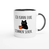 Zweifarbige Keramiktasse 325 ml mit Aufdruck "Ich kann eure Stimmen sehen" in Schwarz – Schreibtischtasse von Vollzeitfrust
