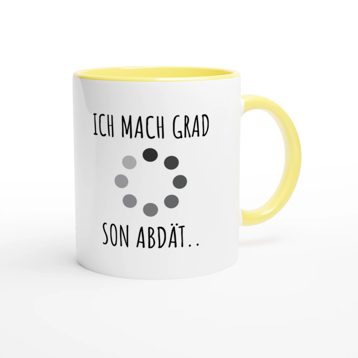 Zweifarbige Keramiktasse 325 ml mit Aufdruck "Ich mach grad son Abdät" in Gelb – Schreibtischtasse von Vollzeitfrust
