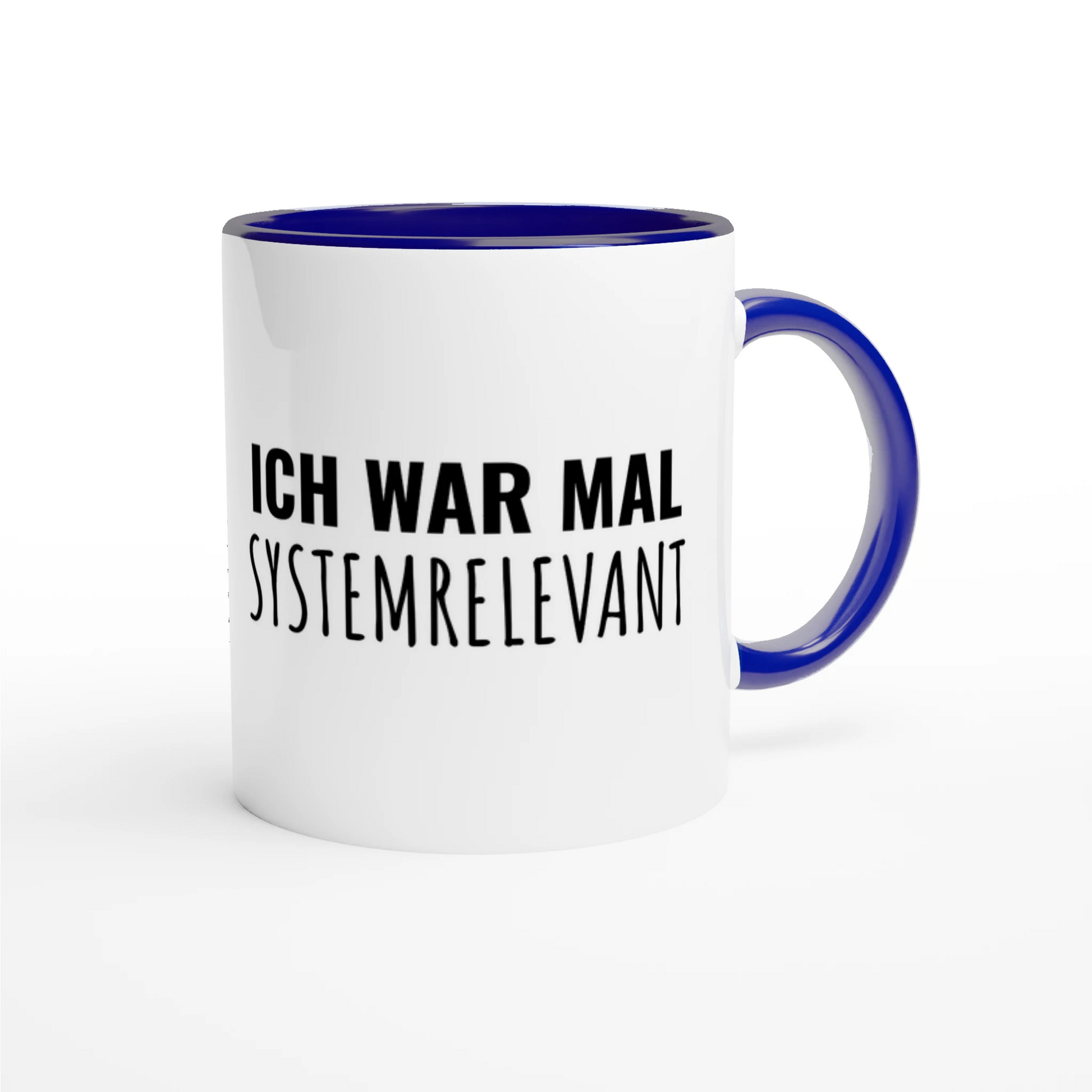 Zweifarbige Keramiktasse 325 ml mit Aufdruck "Ich war mal systemrelevant" in Blau – Schreibtischtasse von Vollzeitfrust
