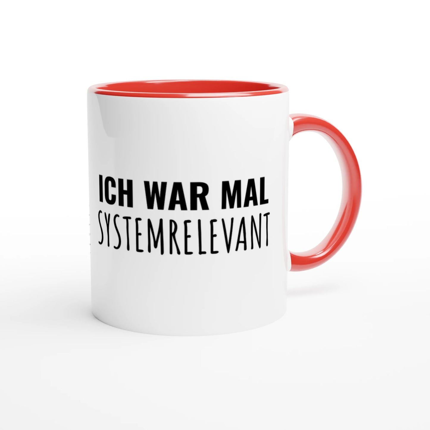 Zweifarbige Keramiktasse 325 ml mit Aufdruck "Ich war mal systemrelevant" in Rot – Schreibtischtasse von Vollzeitfrust
