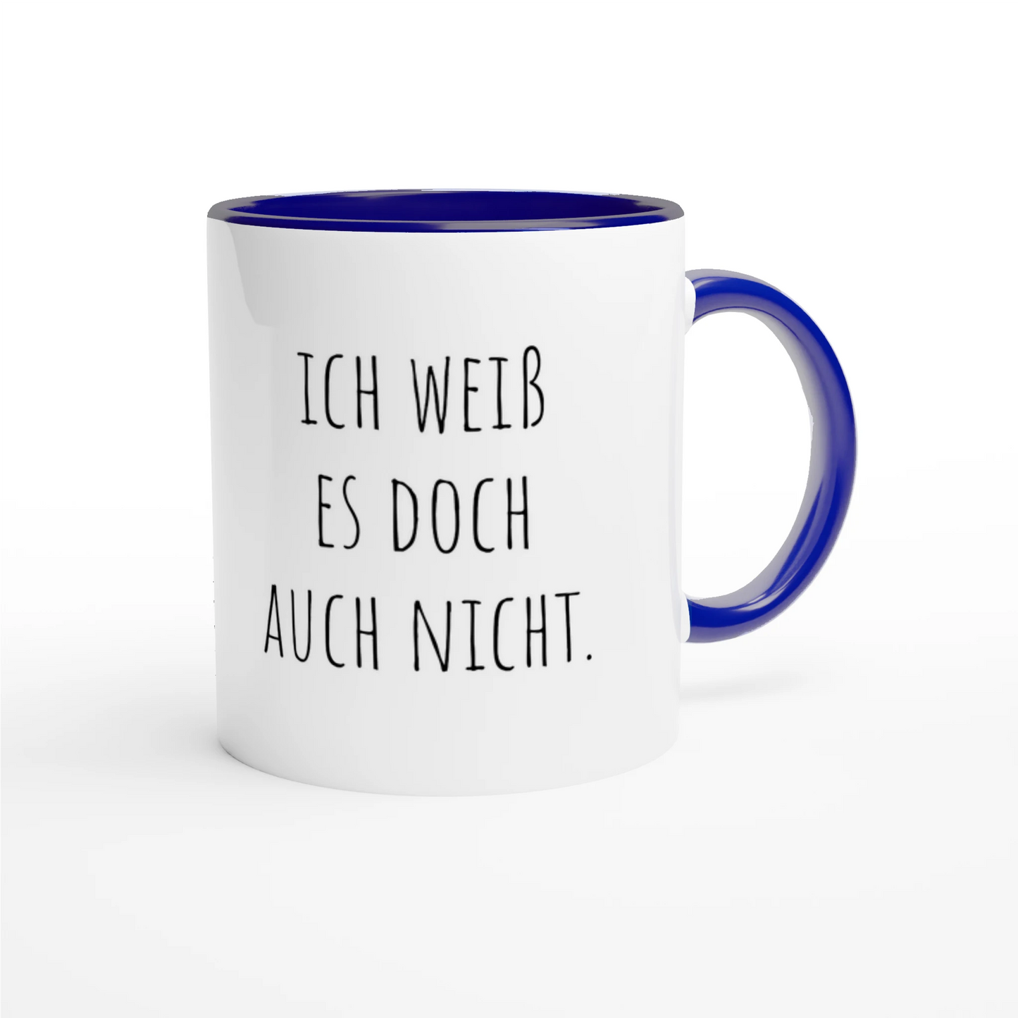 Zweifarbige Keramiktasse 325 ml mit Aufdruck "Ich weiß es doch auch nicht" in Blau – Schreibtischtasse von Vollzeitfrust