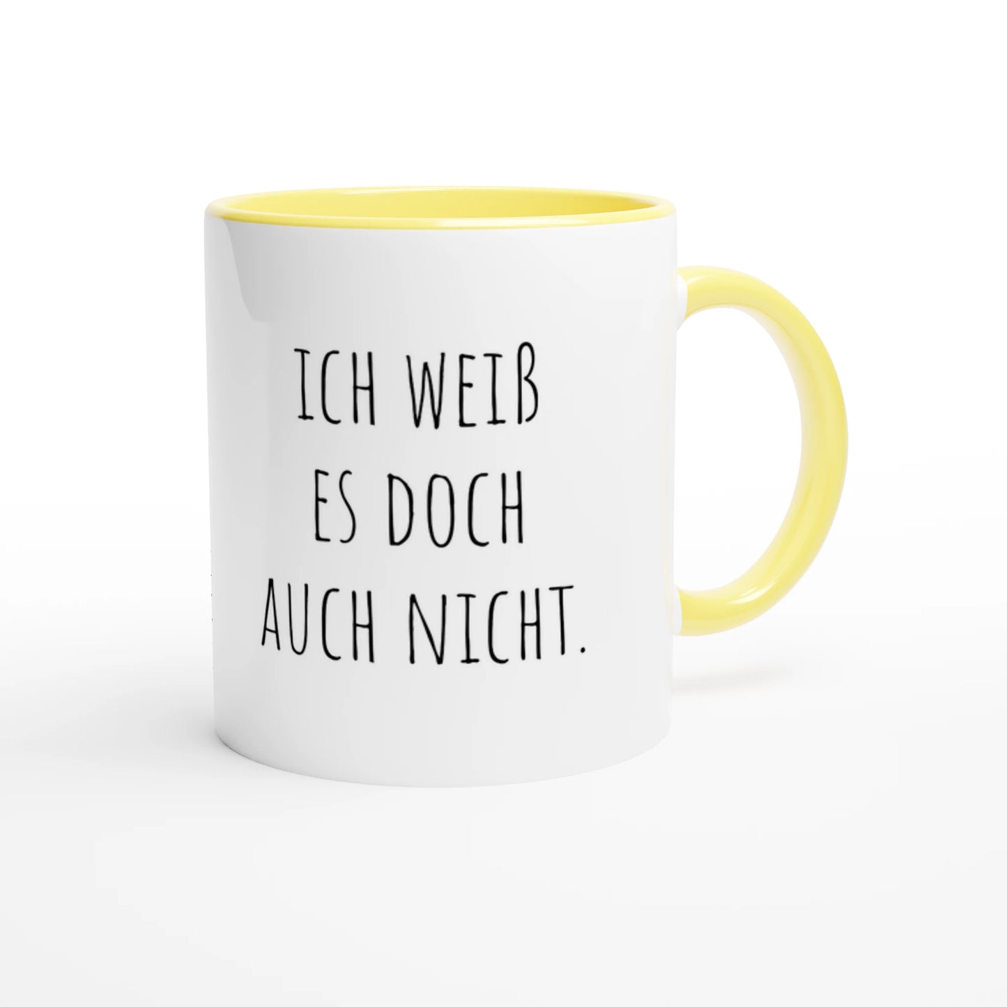 Zweifarbige Keramiktasse 325 ml mit Aufdruck "Ich weiß es doch auch nicht" in Gelb – Schreibtischtasse von Vollzeitfrust
