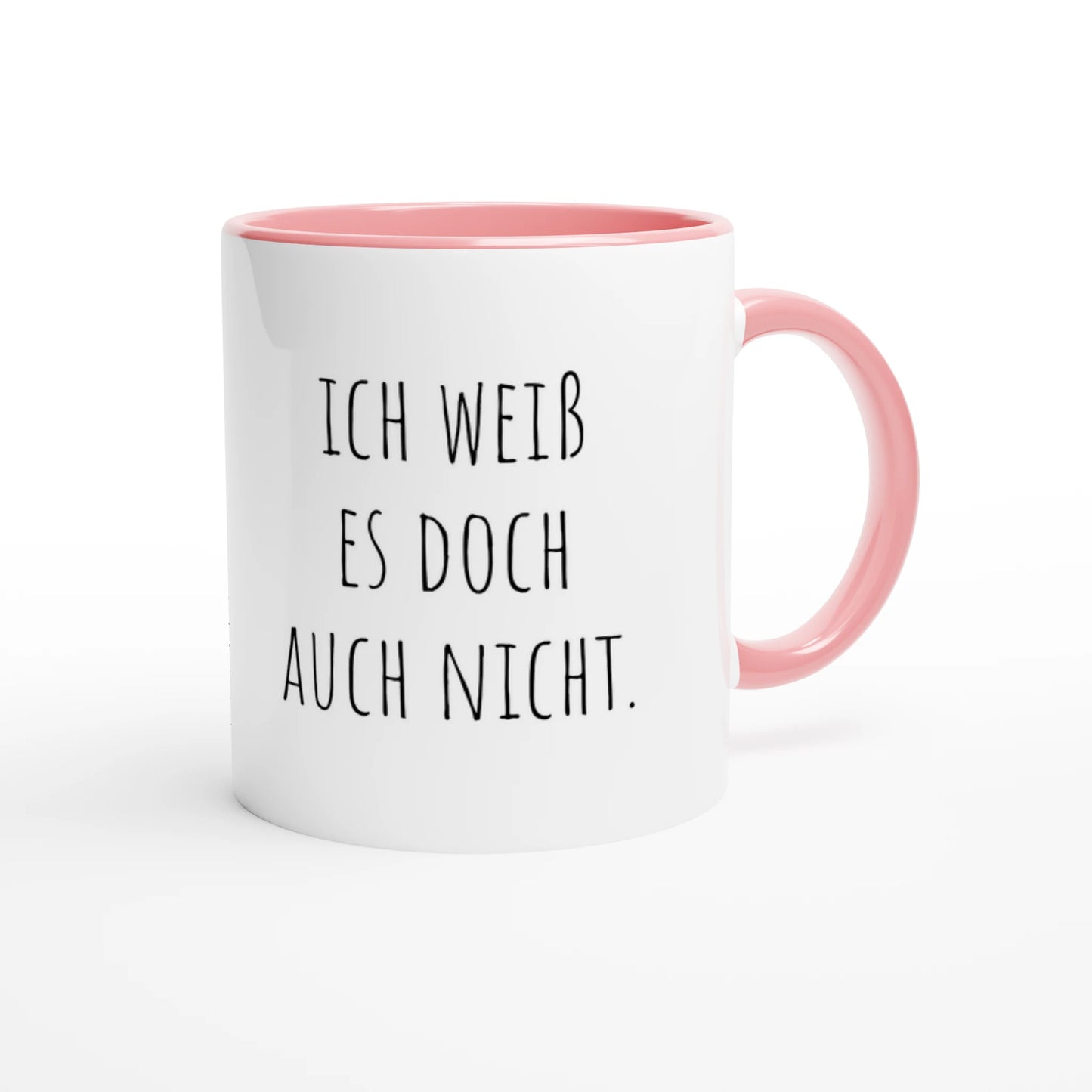Zweifarbige Keramiktasse 325 ml mit Aufdruck "Ich weiß es doch auch nicht" in Rosa – Schreibtischtasse von Vollzeitfrust