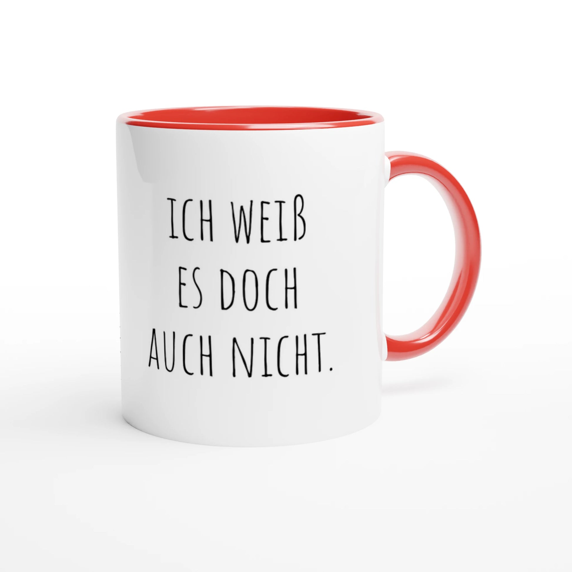 Zweifarbige Keramiktasse 325 ml mit Aufdruck "Ich weiß es doch auch nicht" in Rot – Schreibtischtasse von Vollzeitfrust