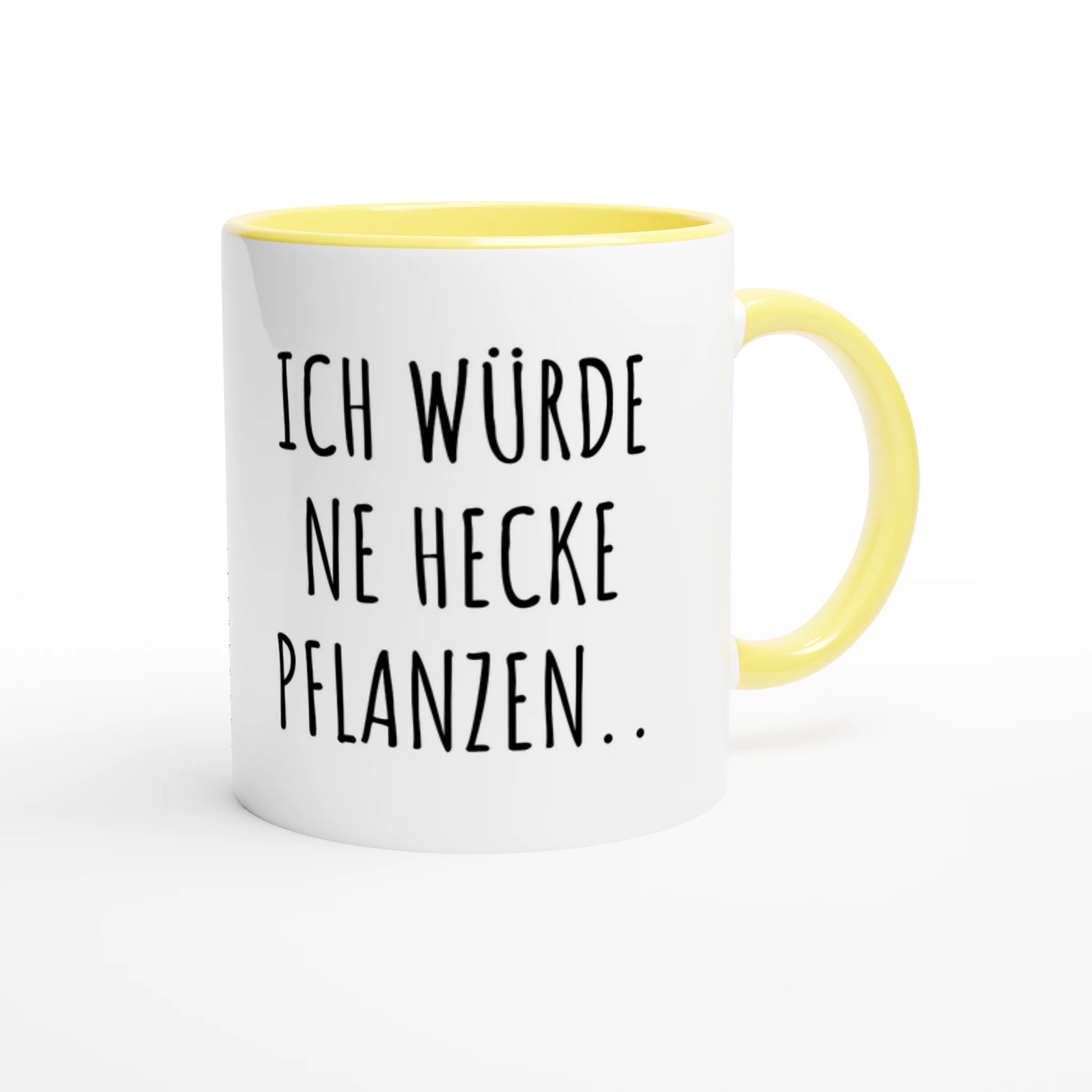 Zweifarbige Keramiktasse 325 ml mit Aufdruck "Ich würde ne Hecke pflanzen" in Gelb – Schreibtischtasse von Vollzeitfrust
