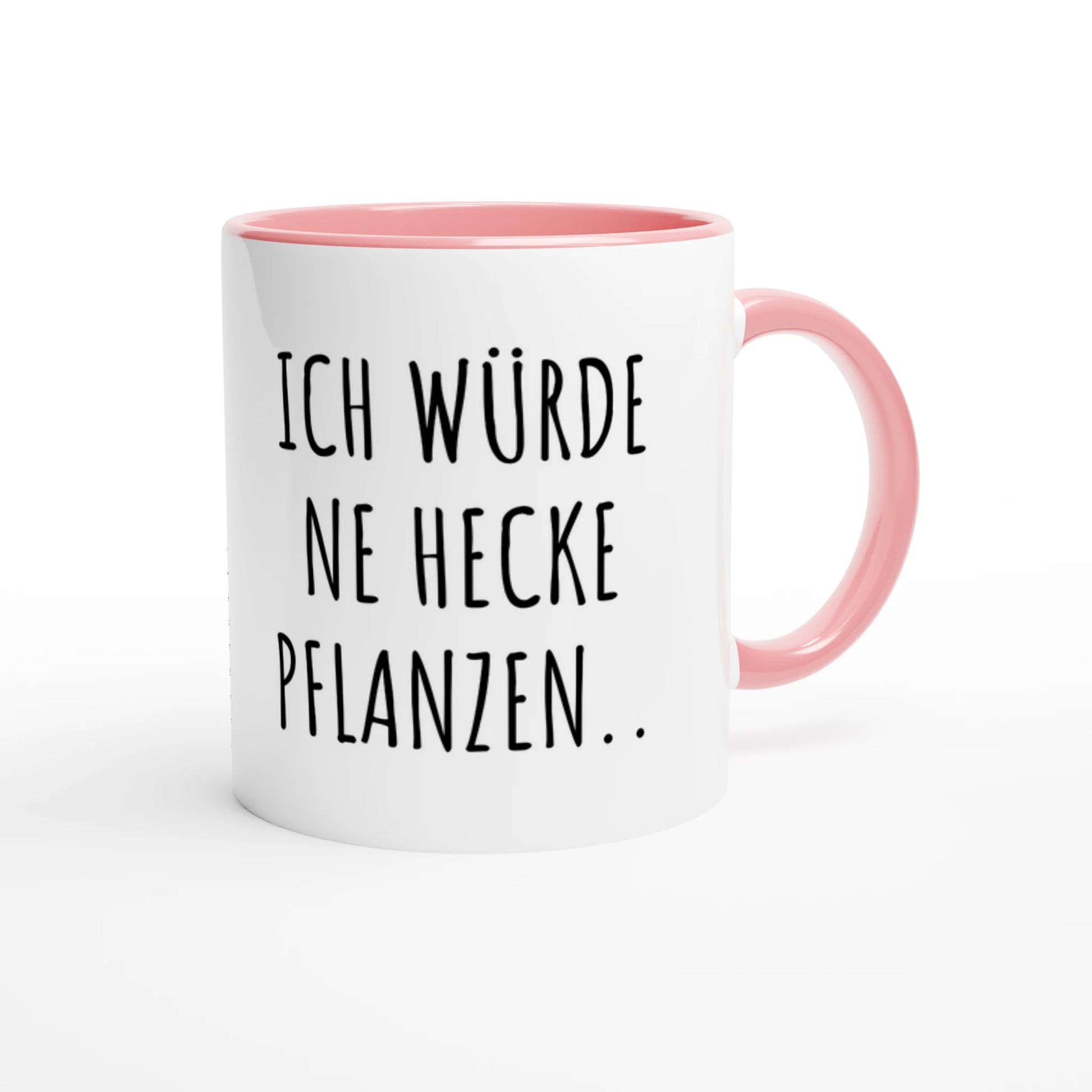 Zweifarbige Keramiktasse 325 ml mit Aufdruck "Ich würde ne Hecke pflanzen" in Rosa – Schreibtischtasse von Vollzeitfrust
