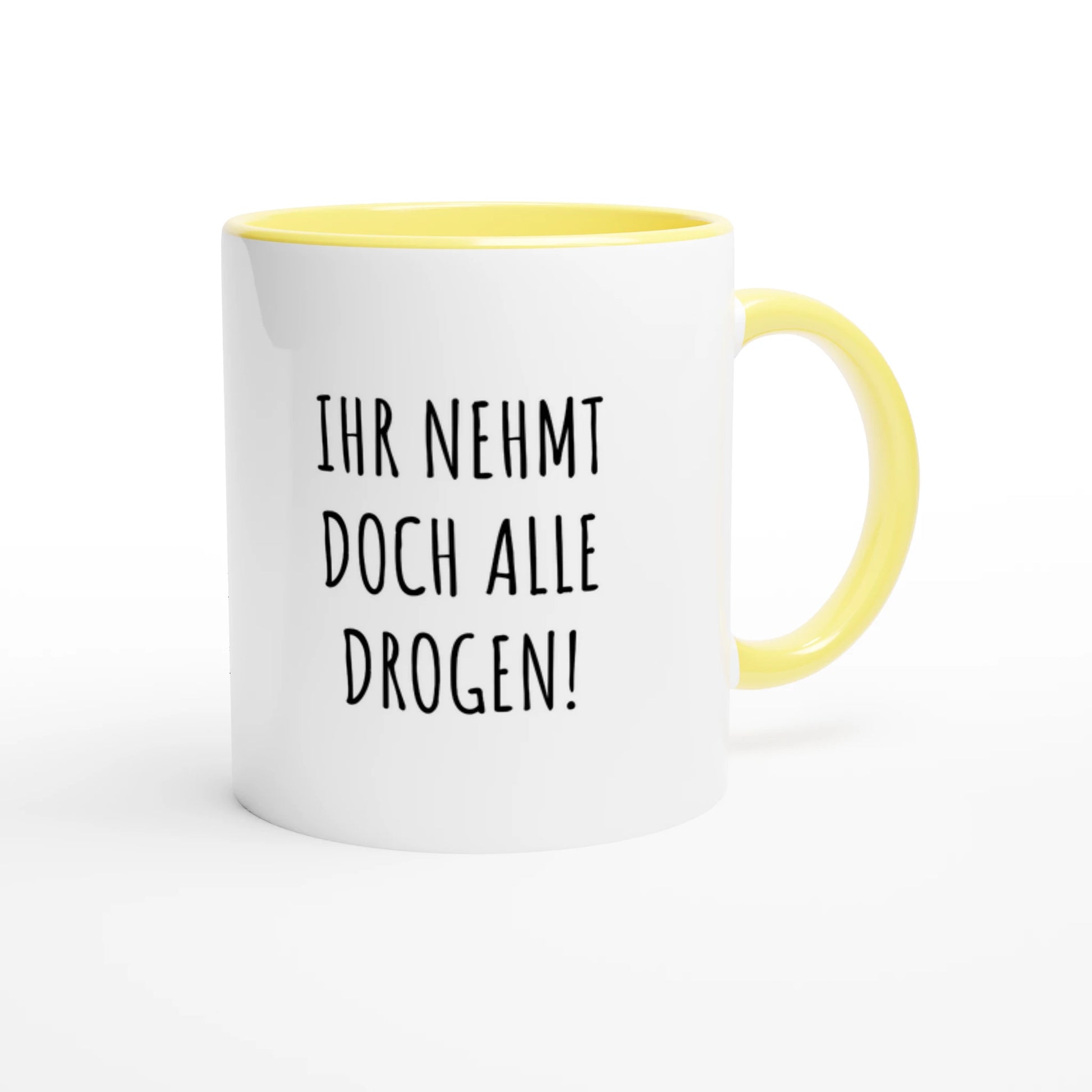 Zweifarbige Keramiktasse 325 ml mit Aufdruck "Ihr nehmt doch alle Drogen!" in Gelb – Schreibtischtasse von Vollzeitfrust
