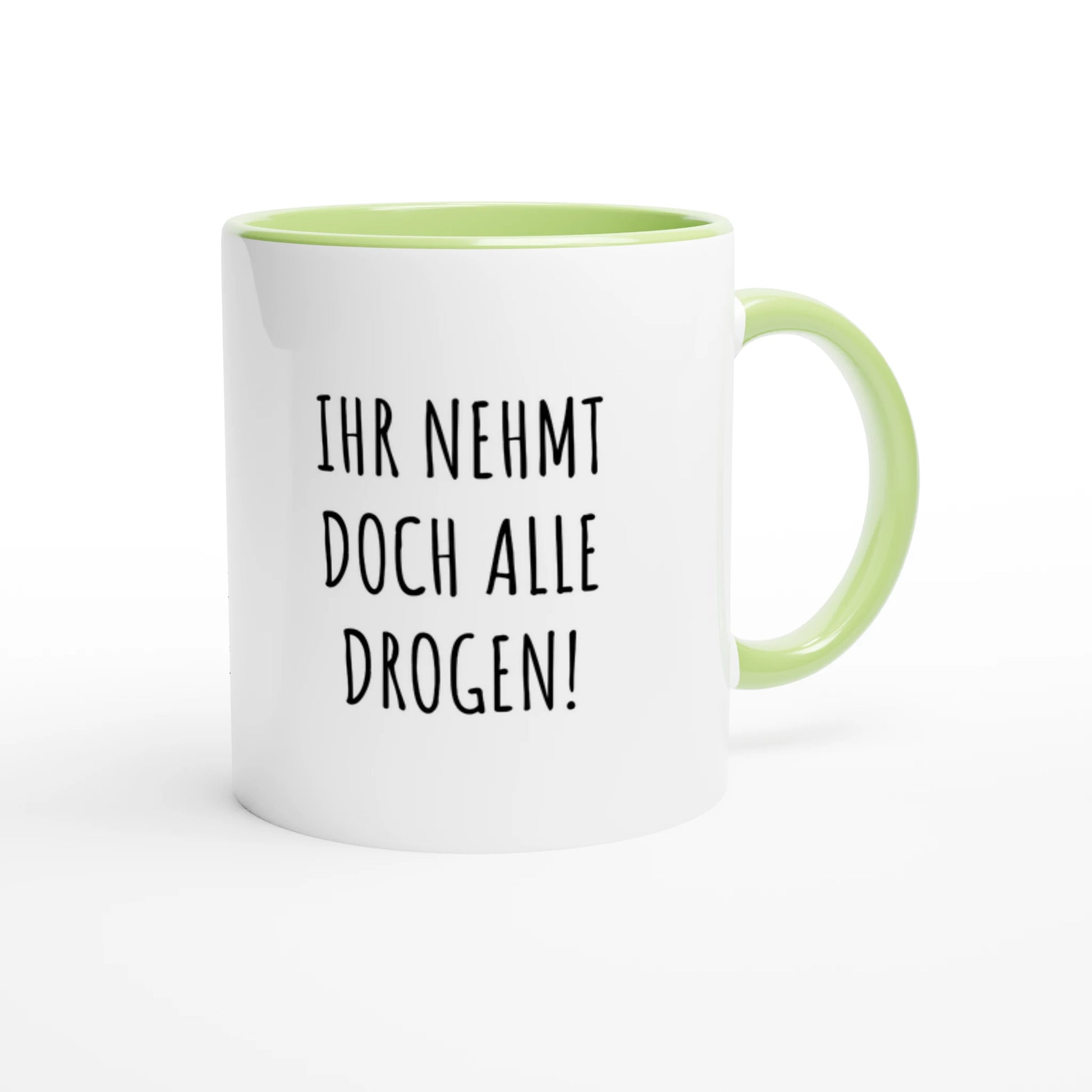 Zweifarbige Keramiktasse 325 ml mit Aufdruck "Ihr nehmt doch alle Drogen!" in Grün – Schreibtischtasse von Vollzeitfrust
