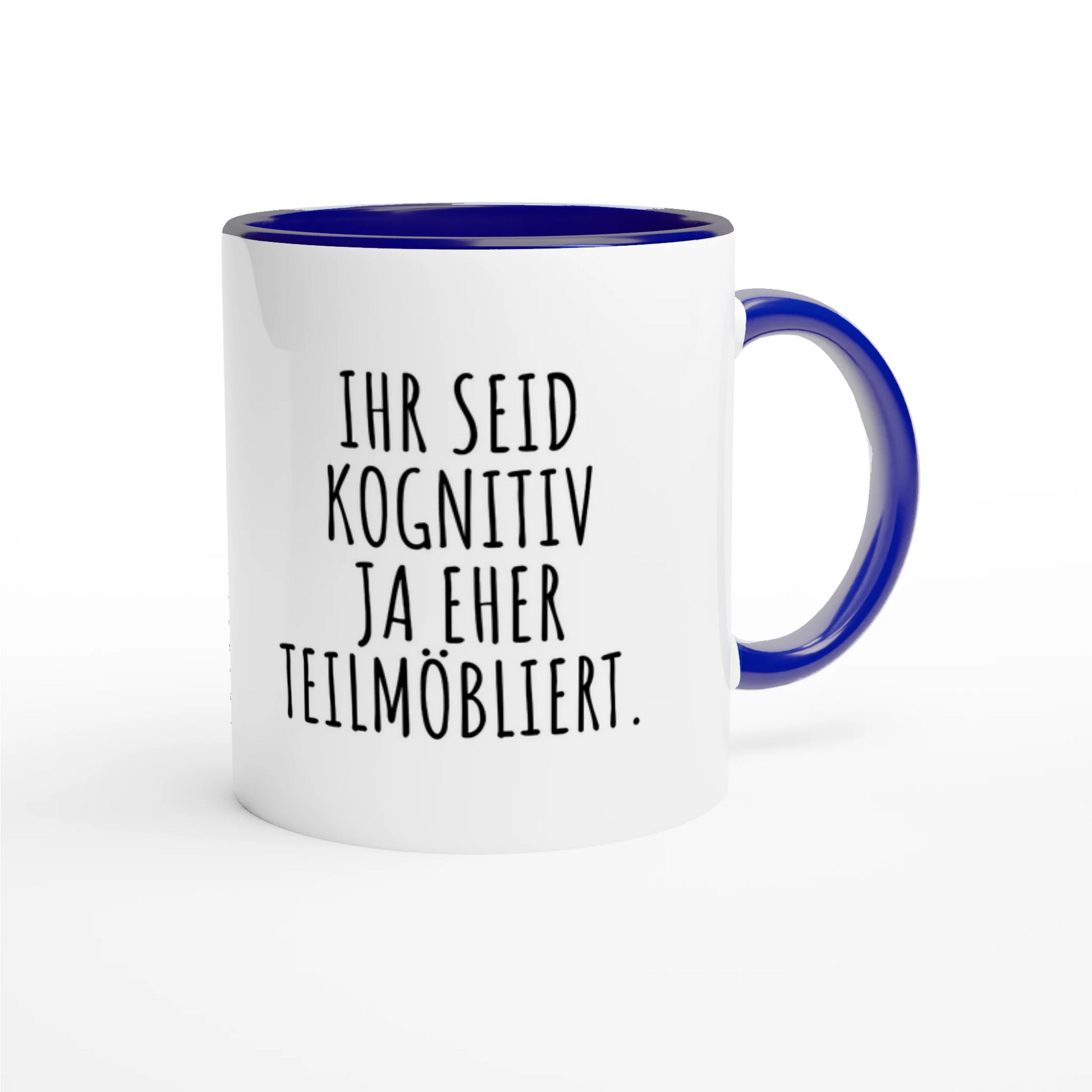 Zweifarbige Keramiktasse 325 ml mit Aufdruck "Ihr seid kognitiv ja eher teilmöbliert" in Blau – Schreibtischtasse von Vollzeitfrust
