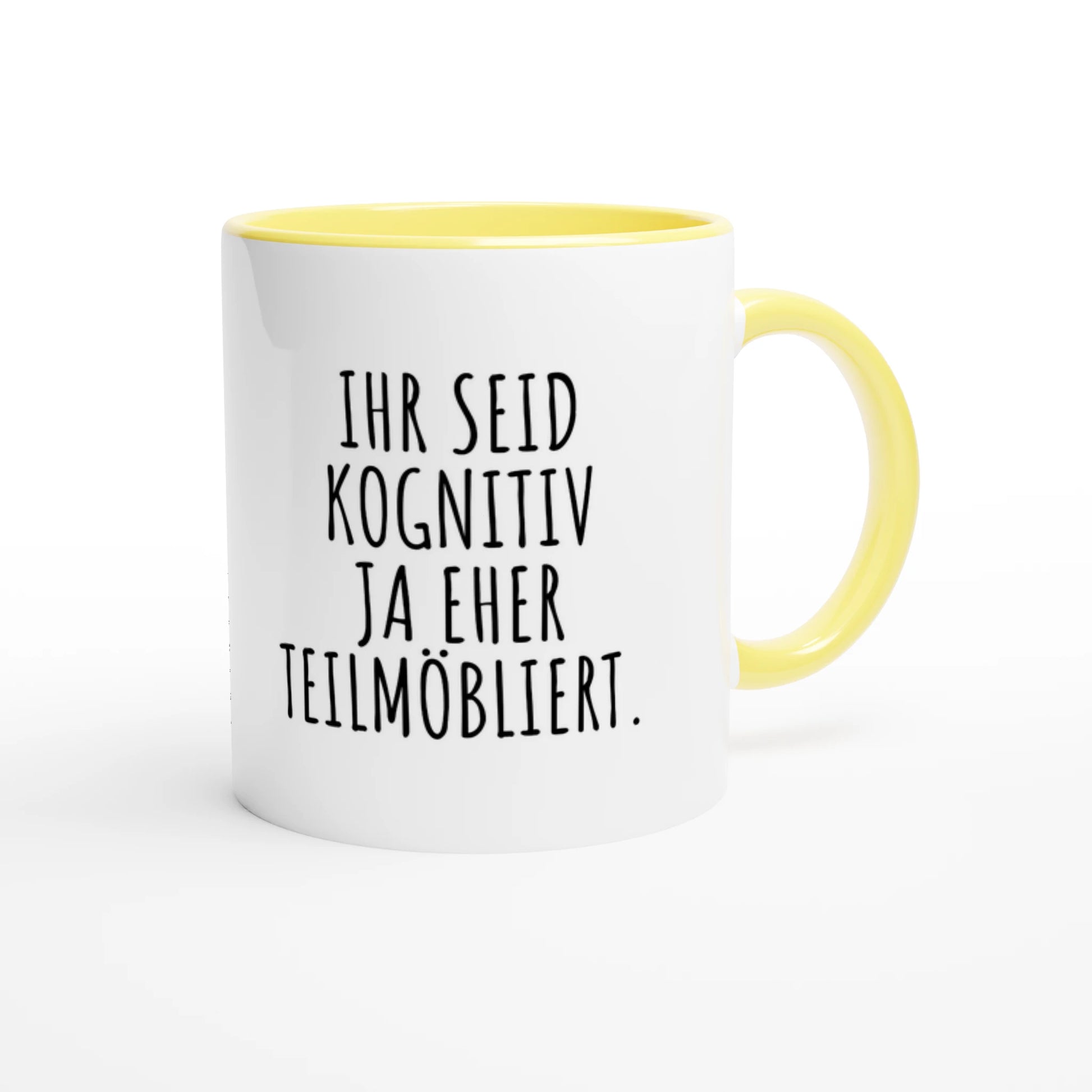 Zweifarbige Keramiktasse 325 ml mit Aufdruck "Ihr seid kognitiv ja eher teilmöbliert" in Gelb – Schreibtischtasse von Vollzeitfrust

