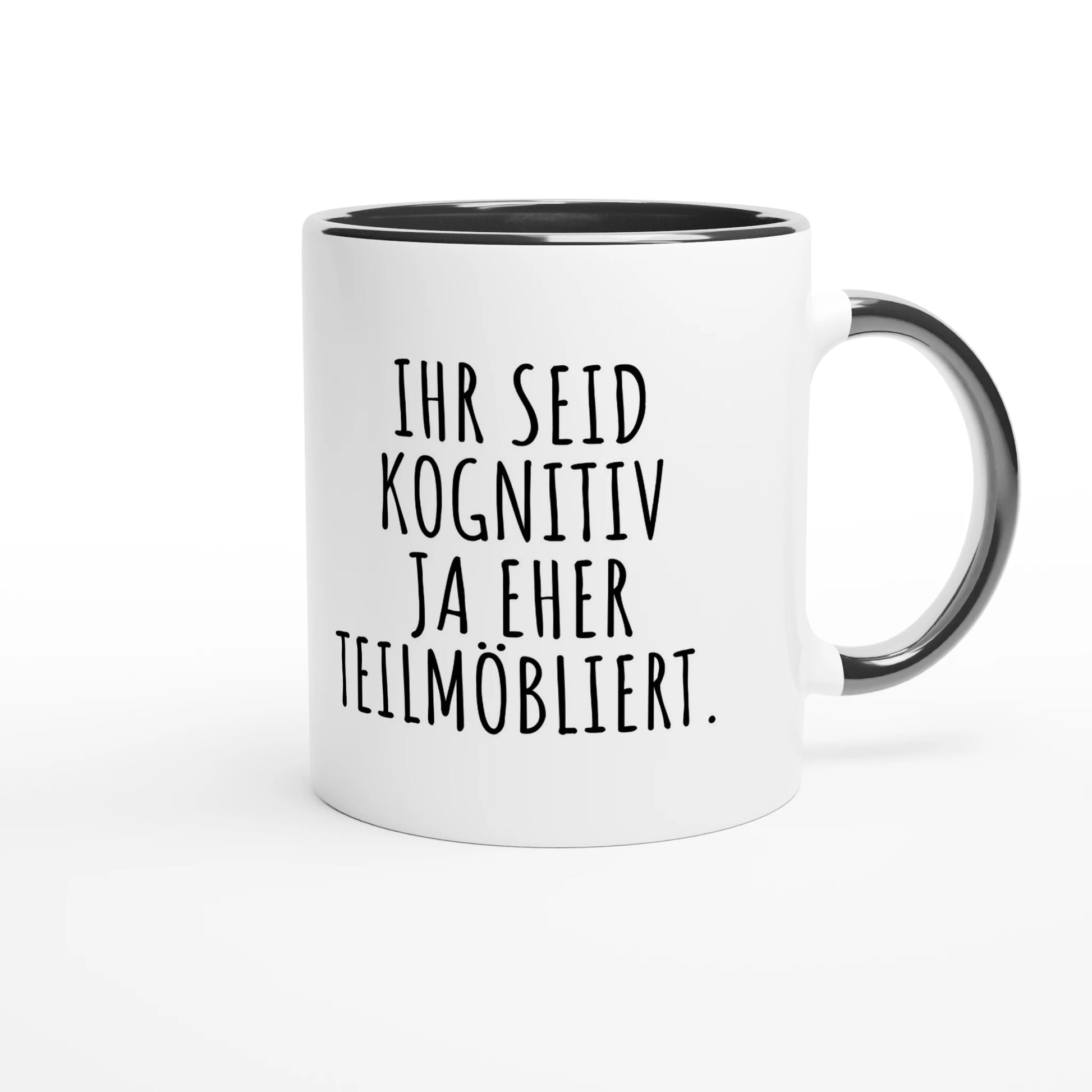 Zweifarbige Keramiktasse 325 ml mit Aufdruck "Ihr seid kognitiv ja eher teilmöbliert" in Schwarz – Schreibtischtasse von Vollzeitfrust

