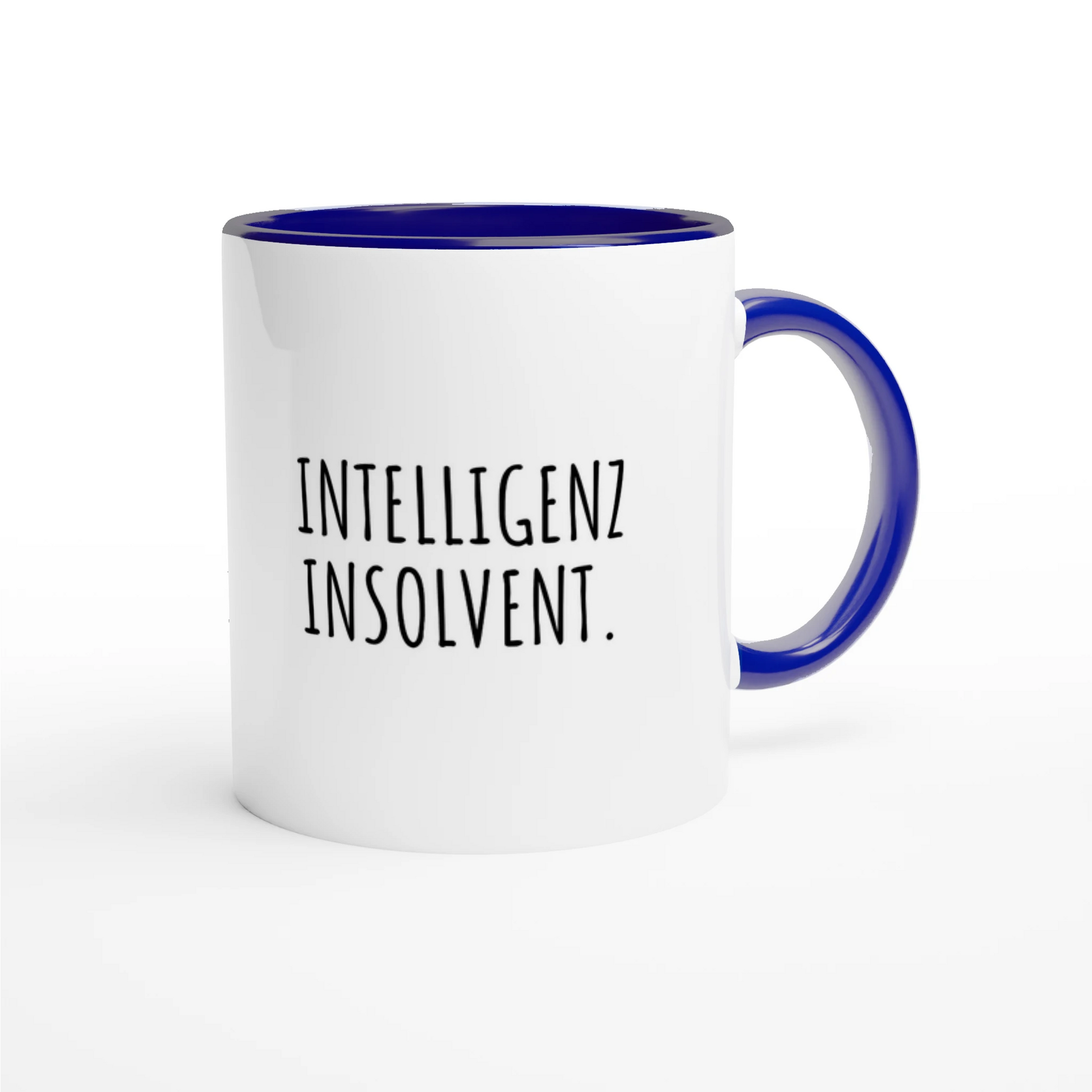 Zweifarbige Keramiktasse 325 ml mit Aufdruck "Intelligenz insolvent" in Blau – Schreibtischtasse von Vollzeitfrust
