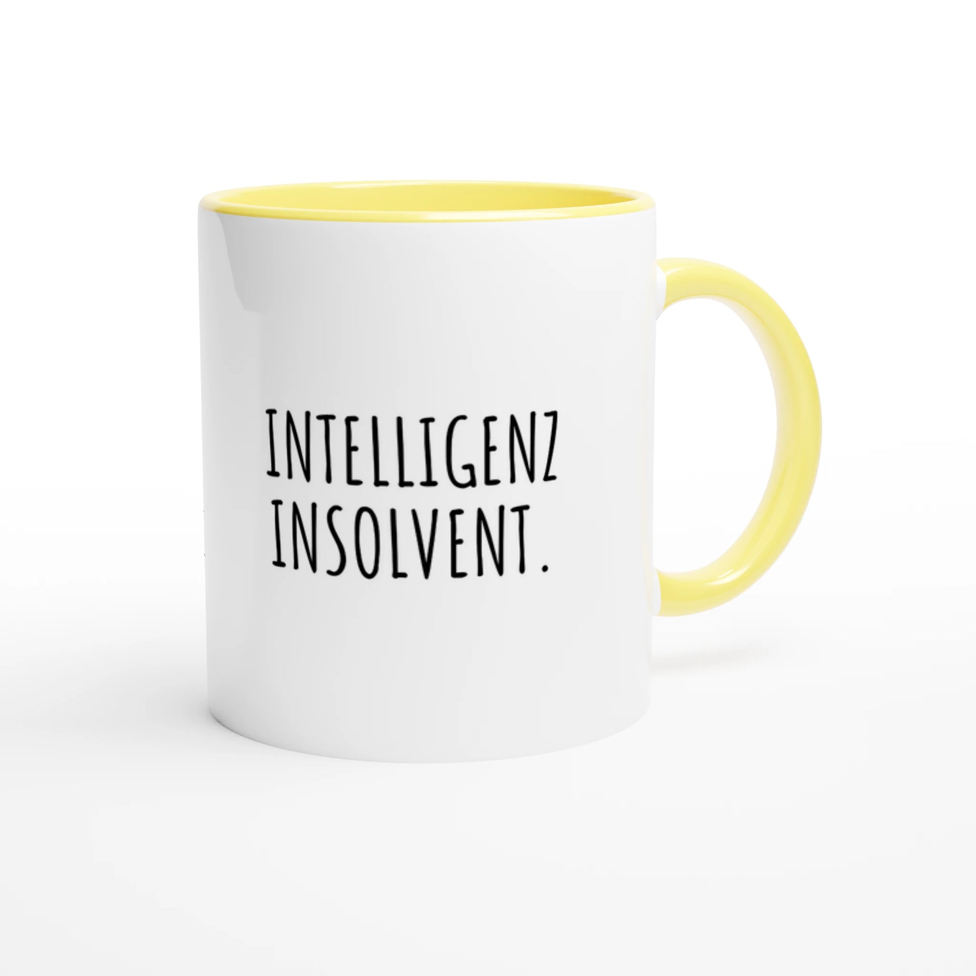 Zweifarbige Keramiktasse 325 ml mit Aufdruck "Intelligenz insolvent" in Gelb – Schreibtischtasse von Vollzeitfrust
