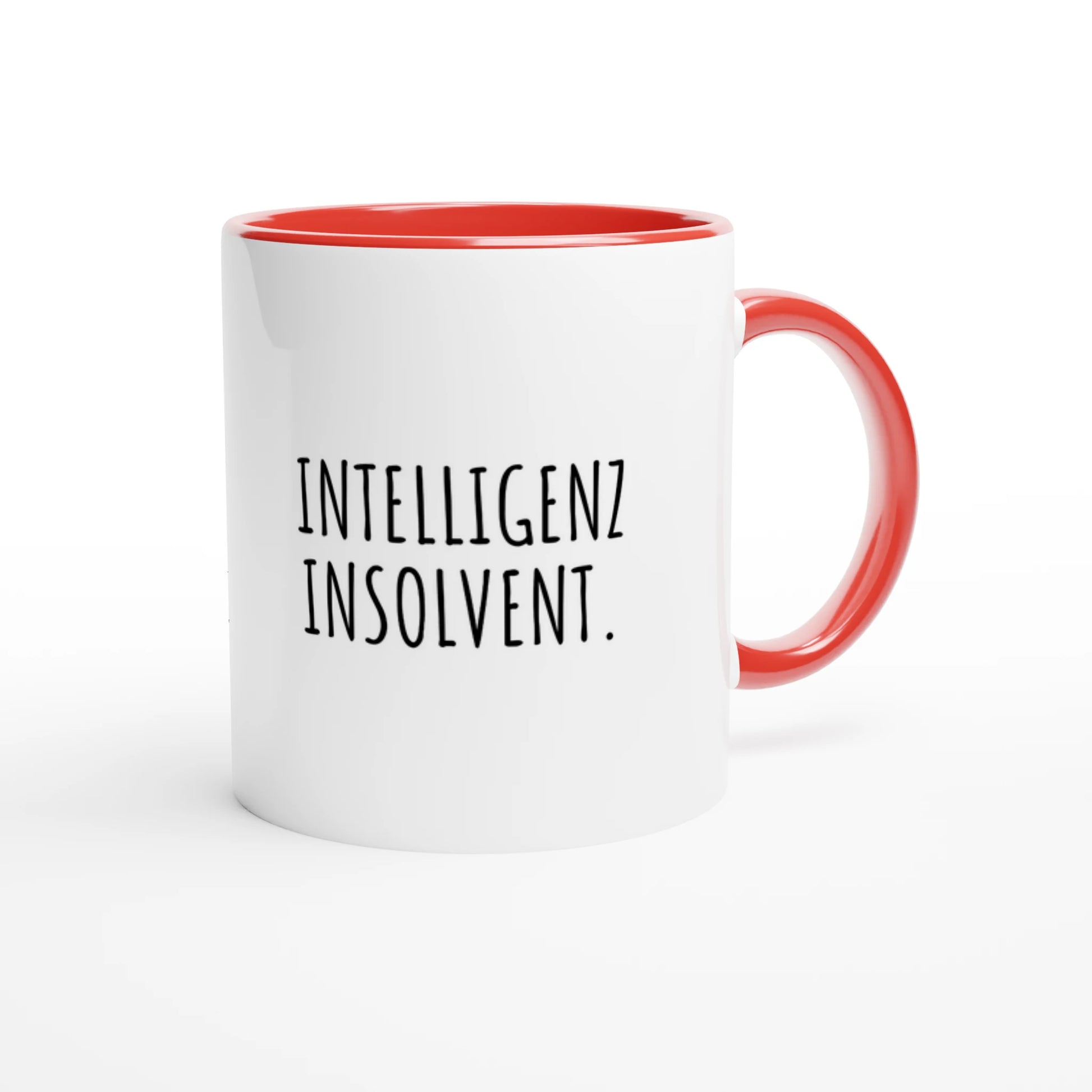 Zweifarbige Keramiktasse 325 ml mit Aufdruck "Intelligenz insolvent" in Rot – Schreibtischtasse von Vollzeitfrust

