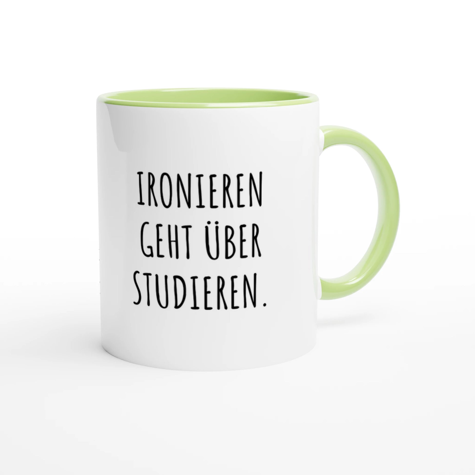 Zweifarbige Keramiktasse 325 ml mit Aufdruck "Ironieren geht über Studieren" in Grün – Schreibtischtasse von Vollzeitfrust
