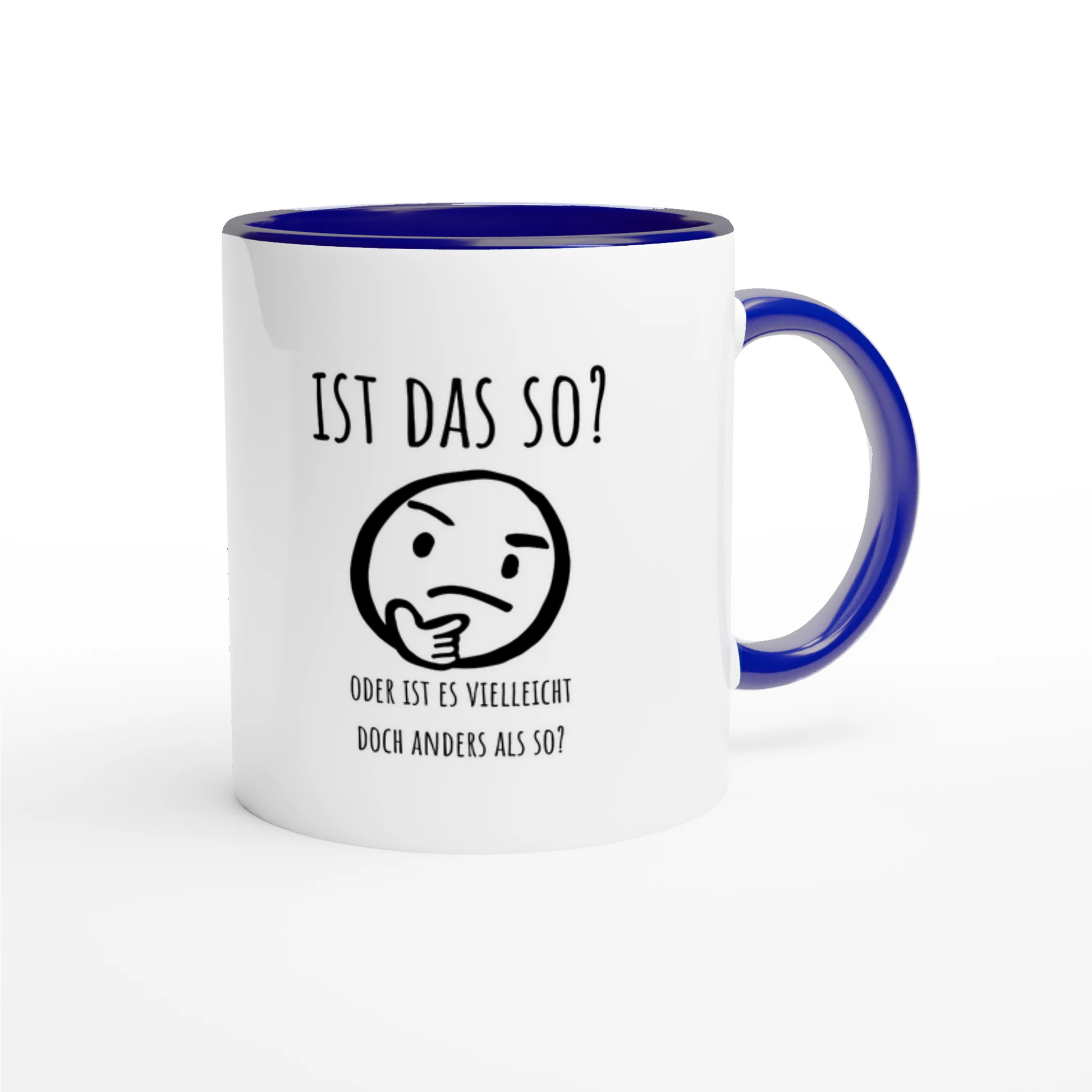 Zweifarbige Keramiktasse 325 ml mit Aufdruck "Ist das so?" in Blau – Schreibtischtasse von Vollzeitfrust
