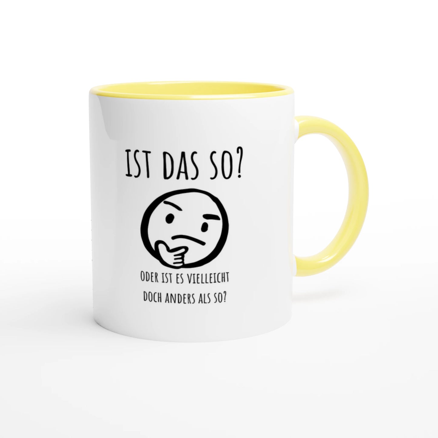 Zweifarbige Keramiktasse 325 ml mit Aufdruck "Ist das so?" in Gelb – Schreibtischtasse von Vollzeitfrust
