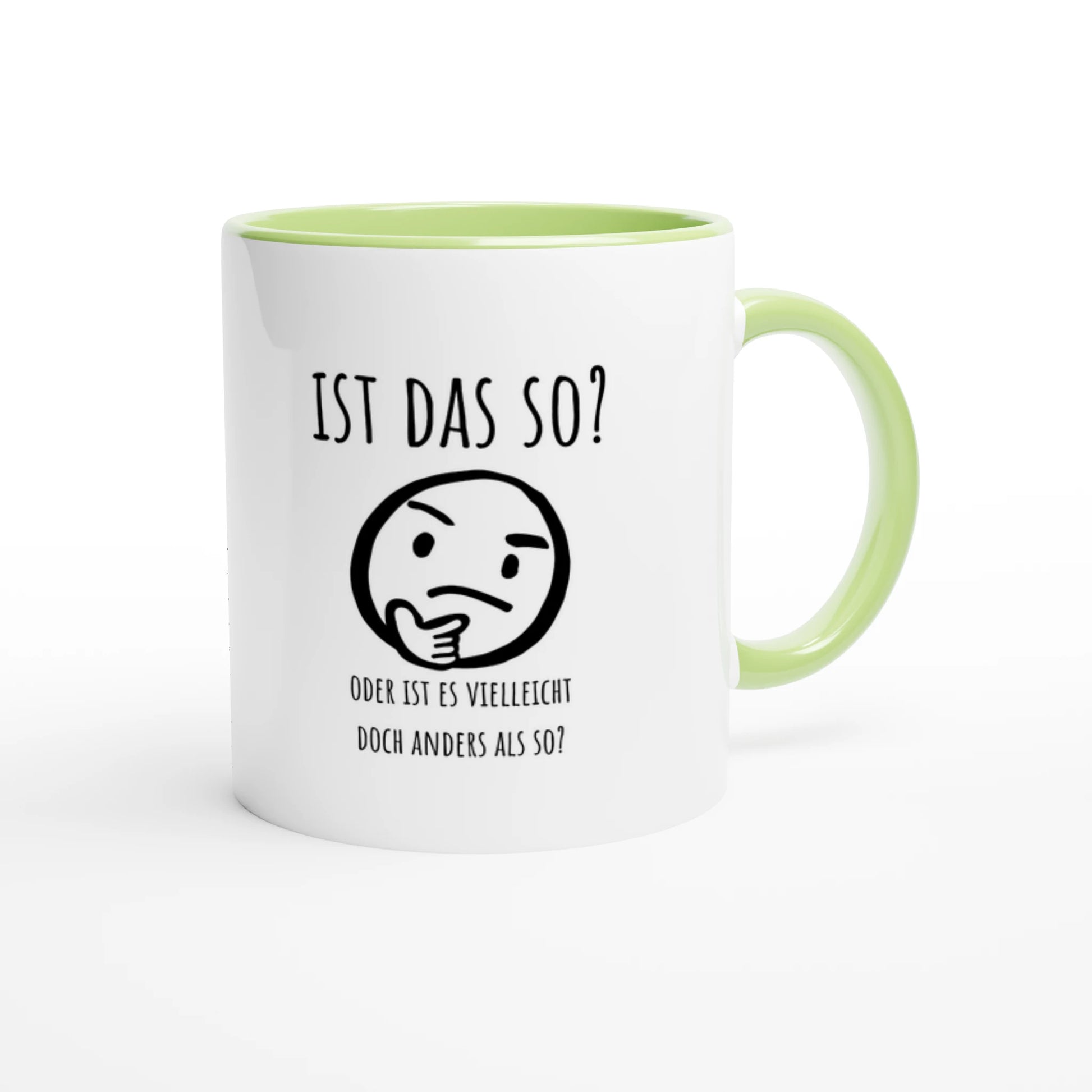 Zweifarbige Keramiktasse 325 ml mit Aufdruck "Ist das so?" in Grün – Schreibtischtasse von Vollzeitfrust
