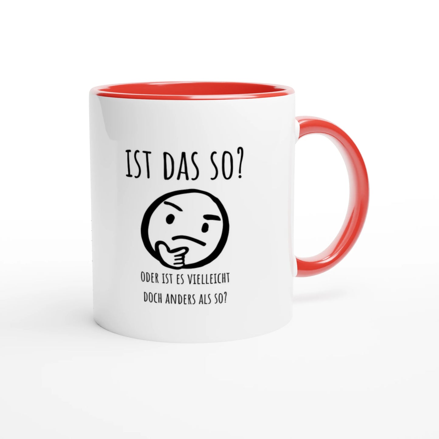 Zweifarbige Keramiktasse 325 ml mit Aufdruck "Ist das so?" in Rot – Schreibtischtasse von Vollzeitfrust
