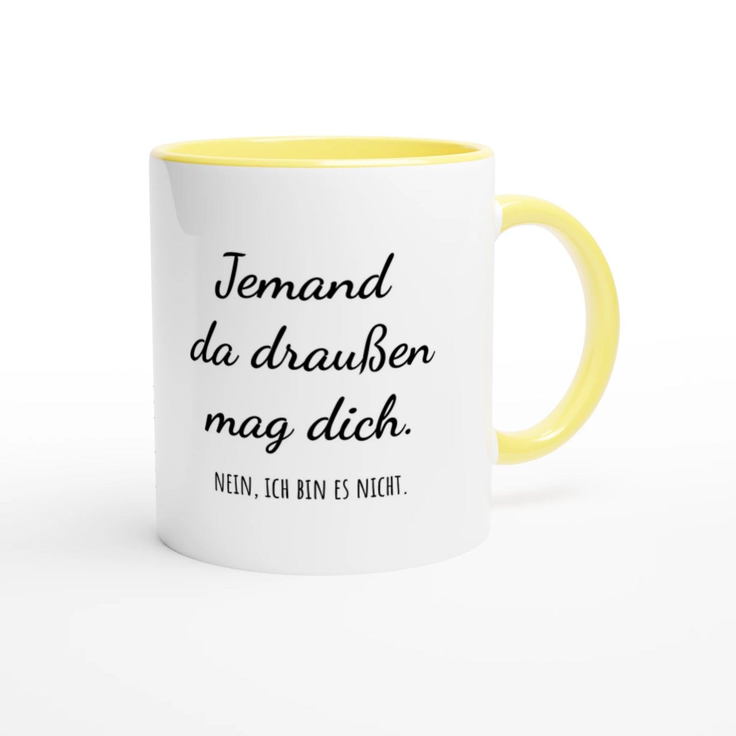 Zweifarbige Keramiktasse 325 ml mit Aufdruck "Jemand da draußen mag dich" in Gelb – Schreibtischtasse von Vollzeitfrust
