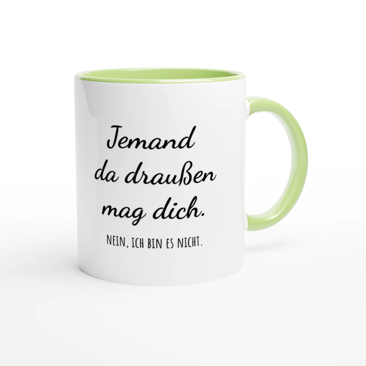 Zweifarbige Keramiktasse 325 ml mit Aufdruck "Jemand da draußen mag dich" in Grün – Schreibtischtasse von Vollzeitfrust

