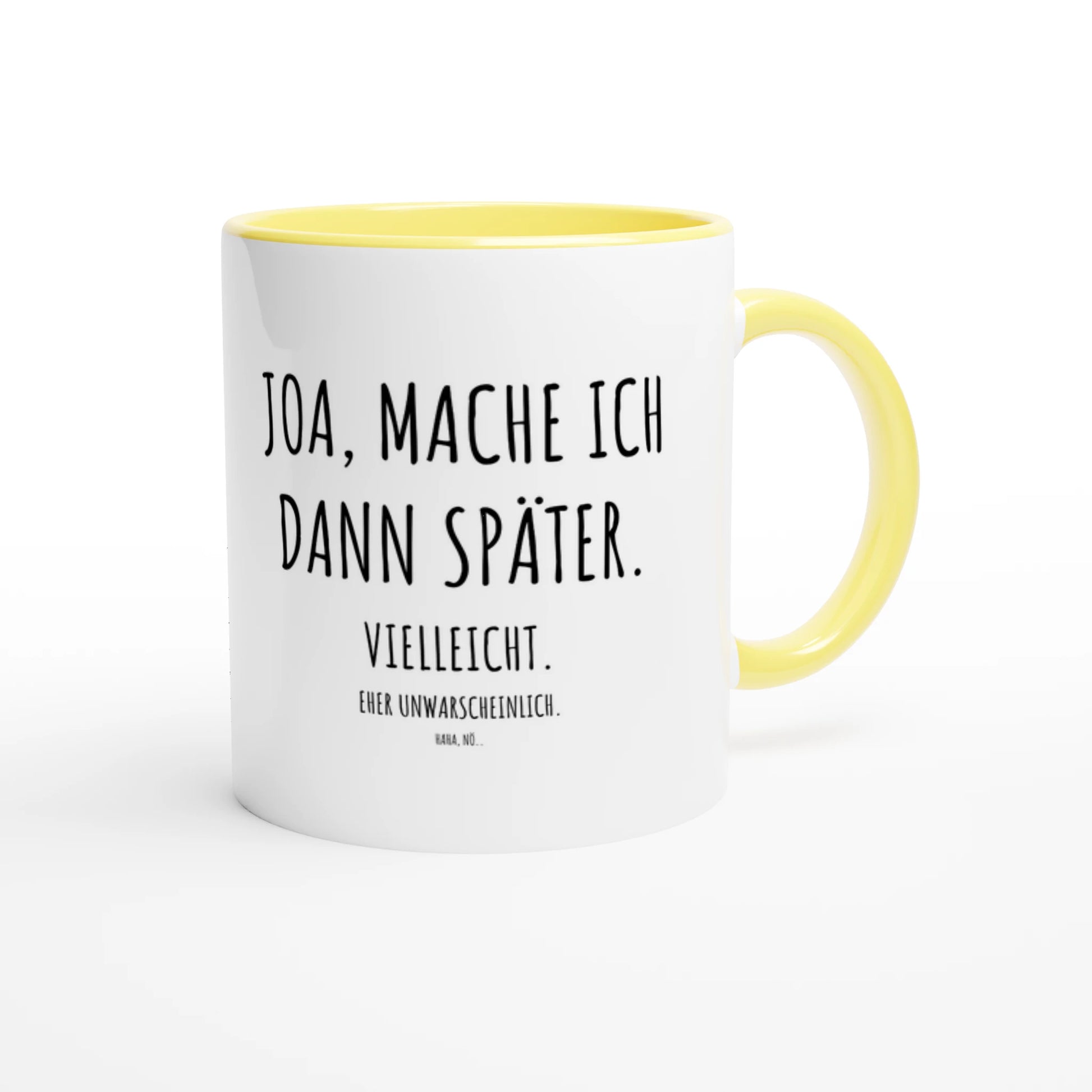 Zweifarbige Keramiktasse 325 ml mit Aufdruck "Joa, mache ich dann später" in Gelb – Schreibtischtasse von Vollzeitfrust

