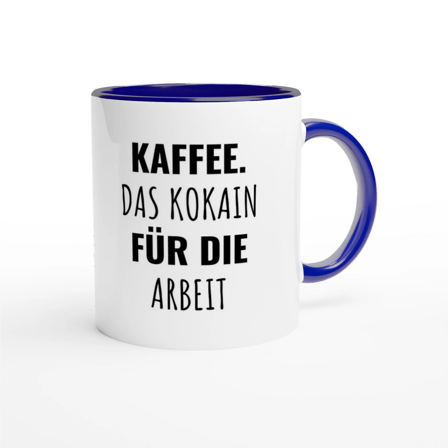 Zweifarbige Keramiktasse 325 ml mit Aufdruck "Kaffee. Das Kokain für die Arbeit" in Blau – Schreibtischtasse von Vollzeitfrust
