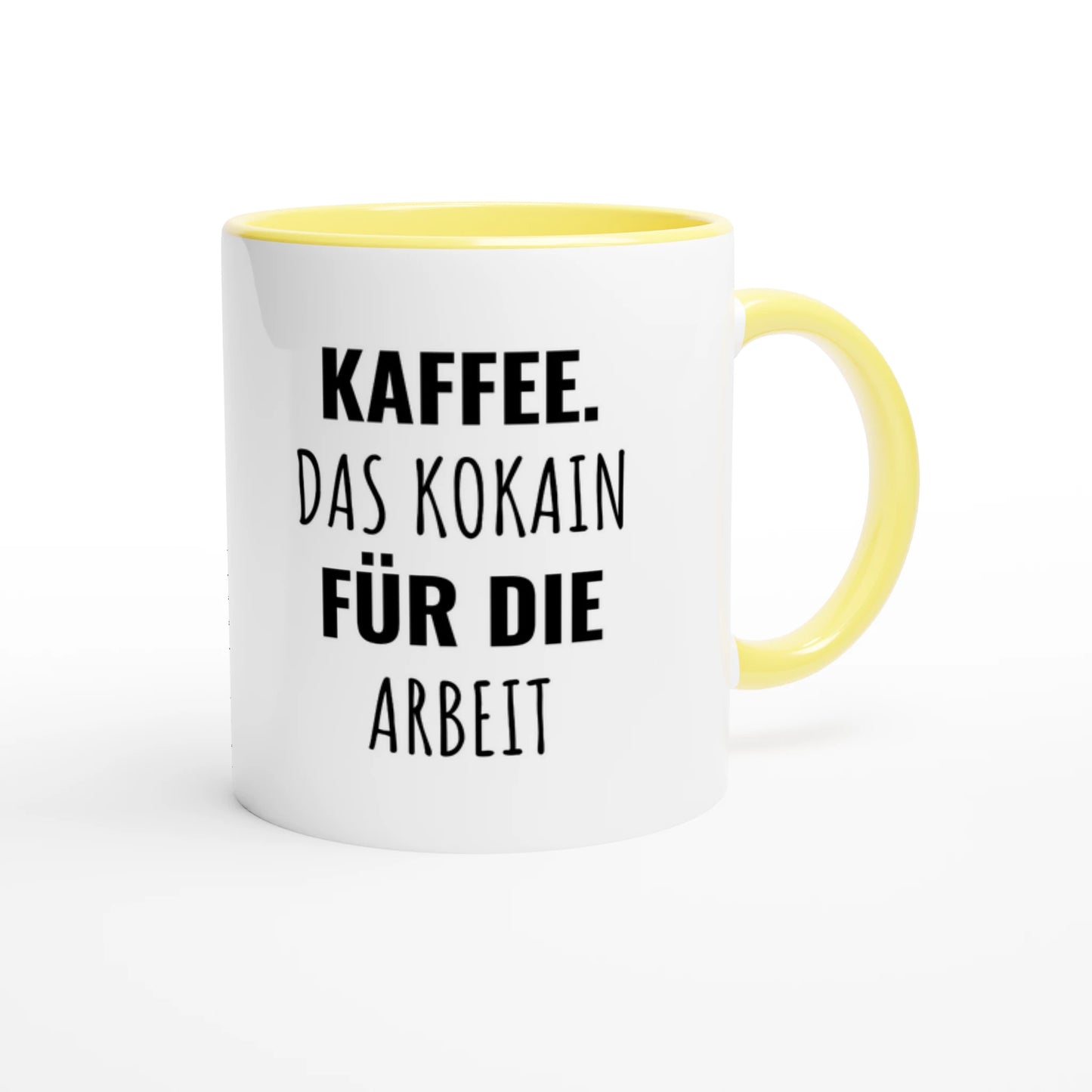 Zweifarbige Keramiktasse 325 ml mit Aufdruck "Kaffee. Das Kokain für die Arbeit" in Gelb – Schreibtischtasse von Vollzeitfrust
