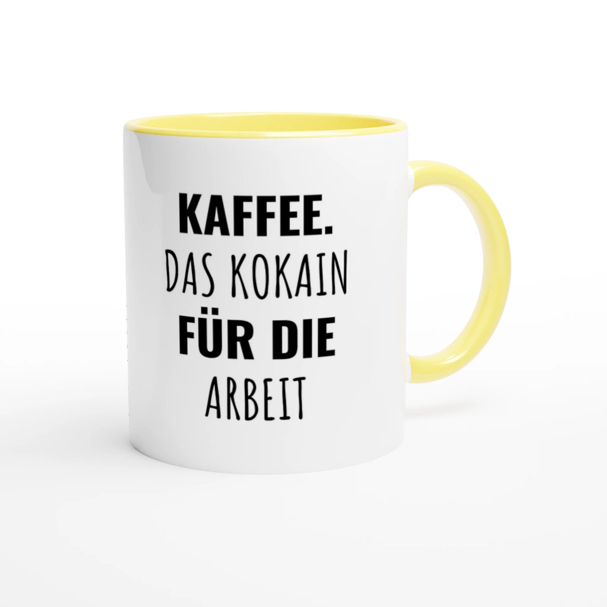 Zweifarbige Keramiktasse 325 ml mit Aufdruck "Kaffee. Das Kokain für die Arbeit" in Gelb – Schreibtischtasse von Vollzeitfrust
