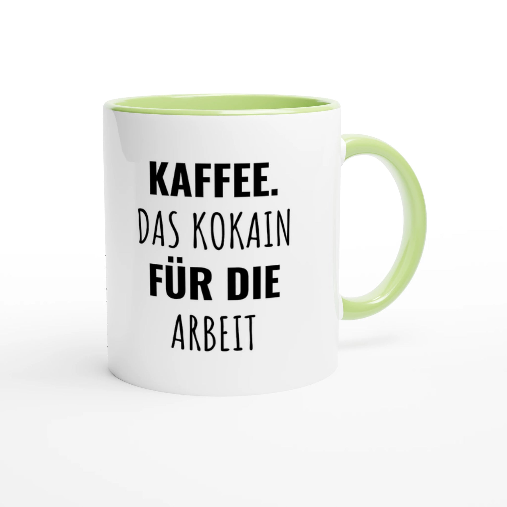 Zweifarbige Keramiktasse 325 ml mit Aufdruck "Kaffee. Das Kokain für die Arbeit" in Grün – Schreibtischtasse von Vollzeitfrust
