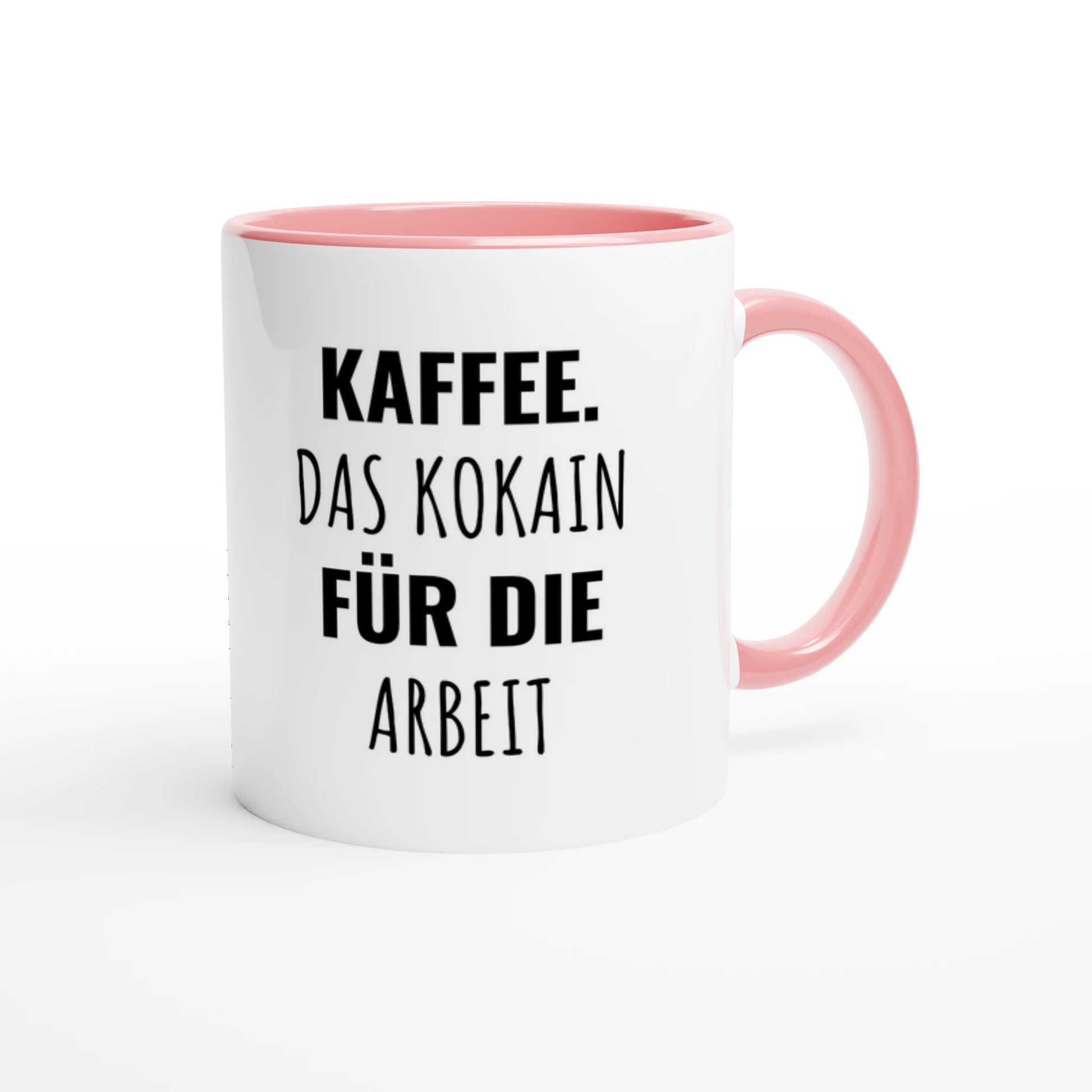 Zweifarbige Keramiktasse 325 ml mit Aufdruck "Kaffee. Das Kokain für die Arbeit" in Rosa – Schreibtischtasse von Vollzeitfrust
