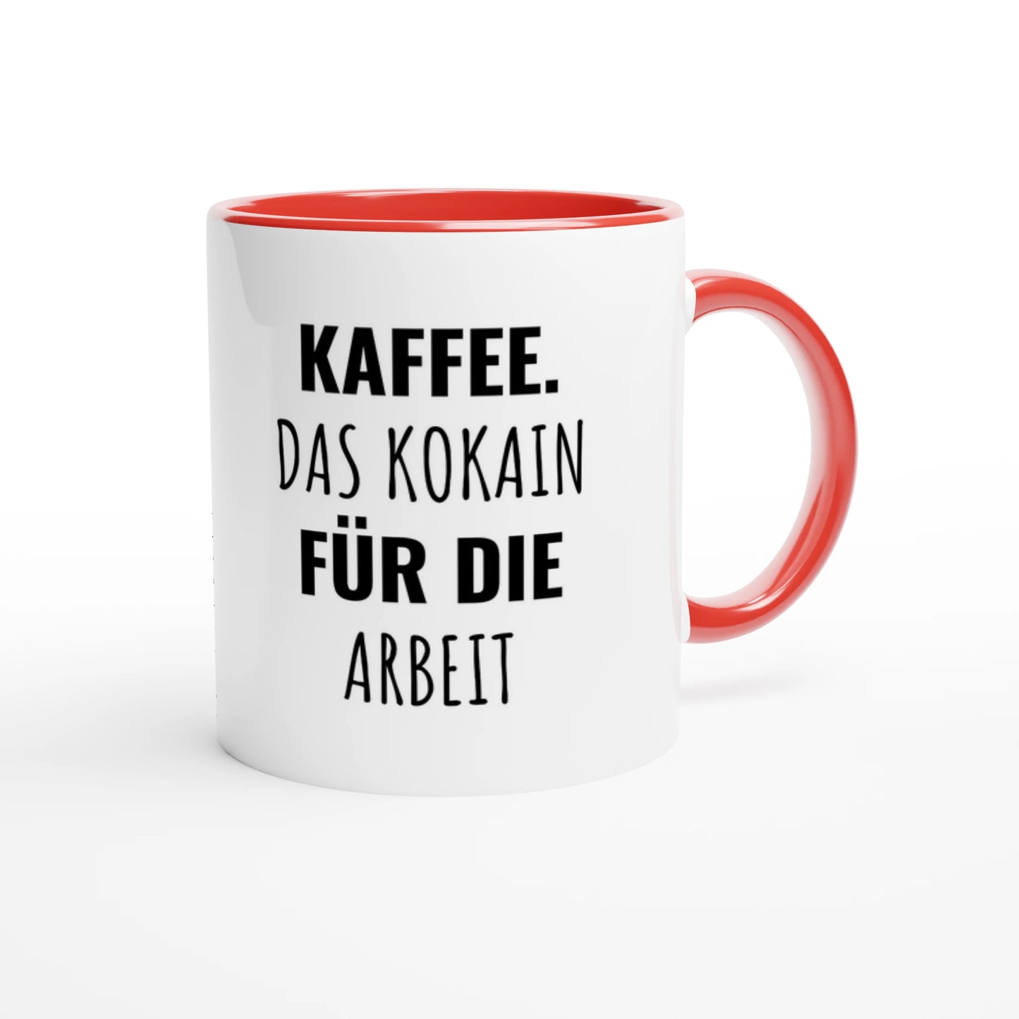 Zweifarbige Keramiktasse 325 ml mit Aufdruck "Kaffee. Das Kokain für die Arbeit" in Rot – Schreibtischtasse von Vollzeitfrust
