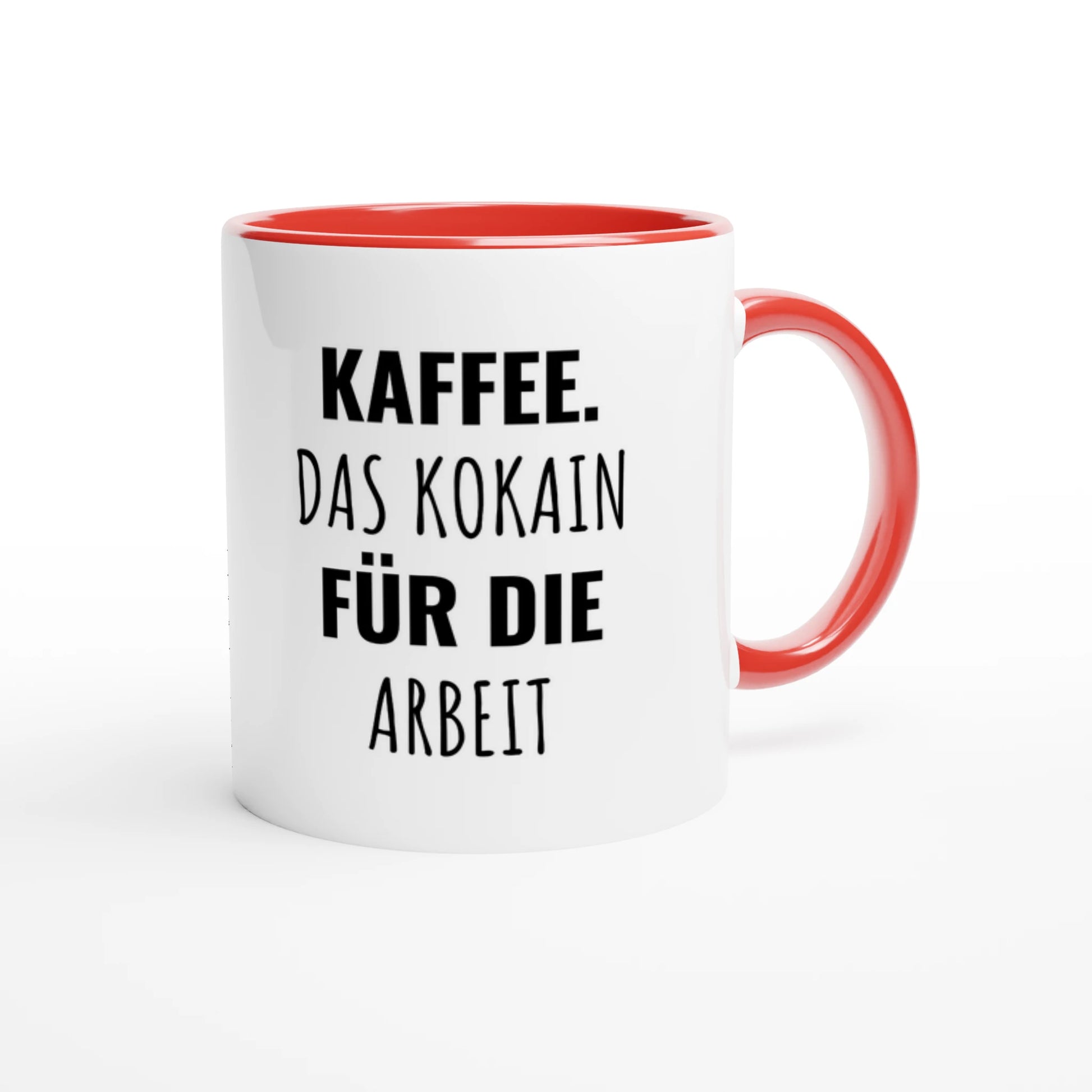 Zweifarbige Keramiktasse 325 ml mit Aufdruck "Kaffee. Das Kokain für die Arbeit" in Rot – Schreibtischtasse von Vollzeitfrust
