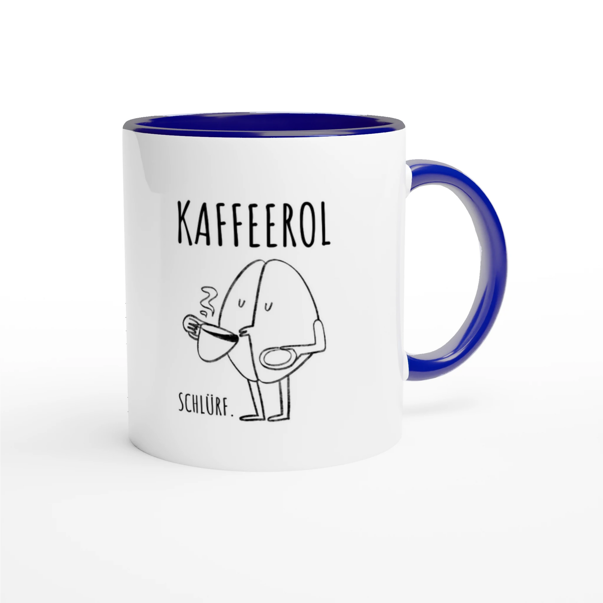Zweifarbige Keramiktasse 325 ml mit Aufdruck "Kaffeerol. Schlürf" in Blau – Schreibtischtasse von Vollzeitfrust
