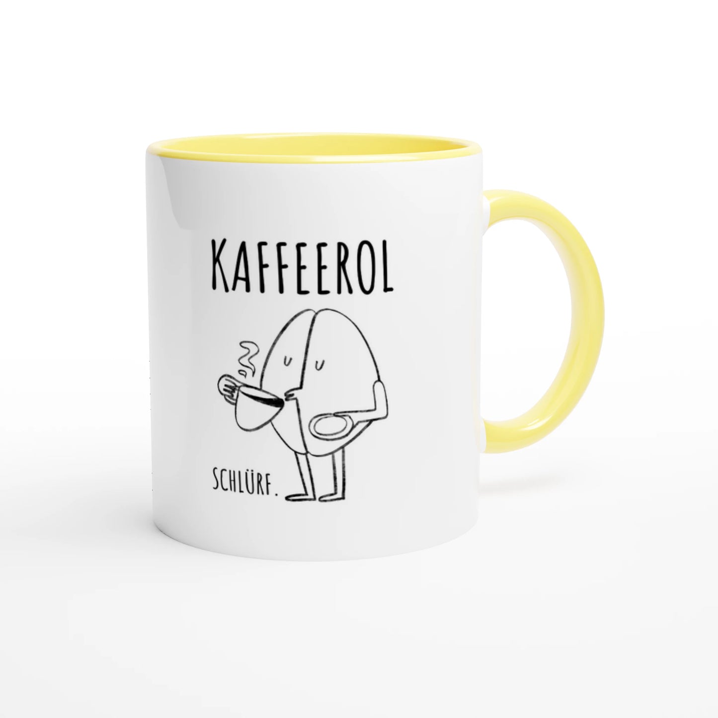 Zweifarbige Keramiktasse 325 ml mit Aufdruck "Kaffeerol. Schlürf" in Gelb – Schreibtischtasse von Vollzeitfrust
