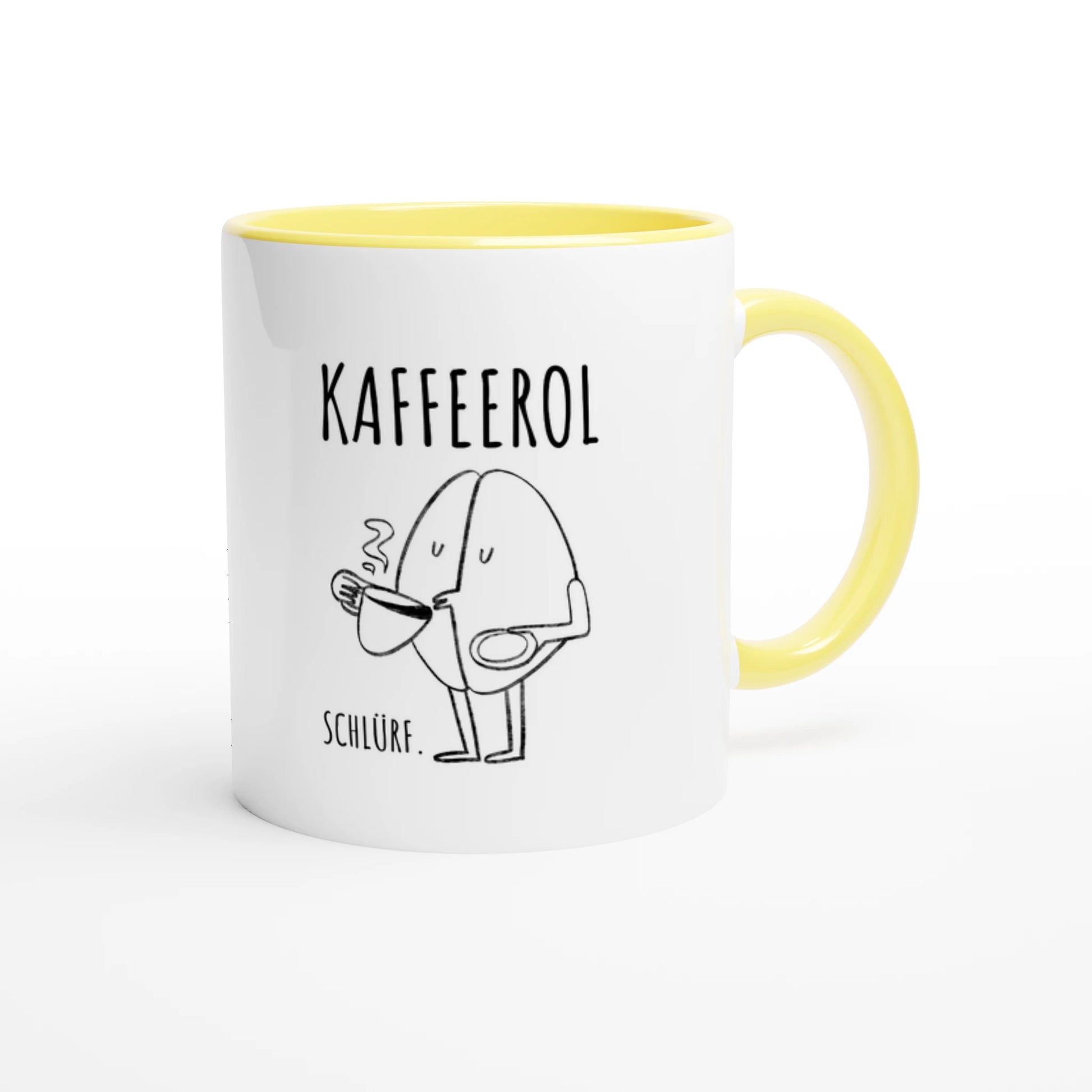 Zweifarbige Keramiktasse 325 ml mit Aufdruck "Kaffeerol. Schlürf" in Gelb – Schreibtischtasse von Vollzeitfrust

