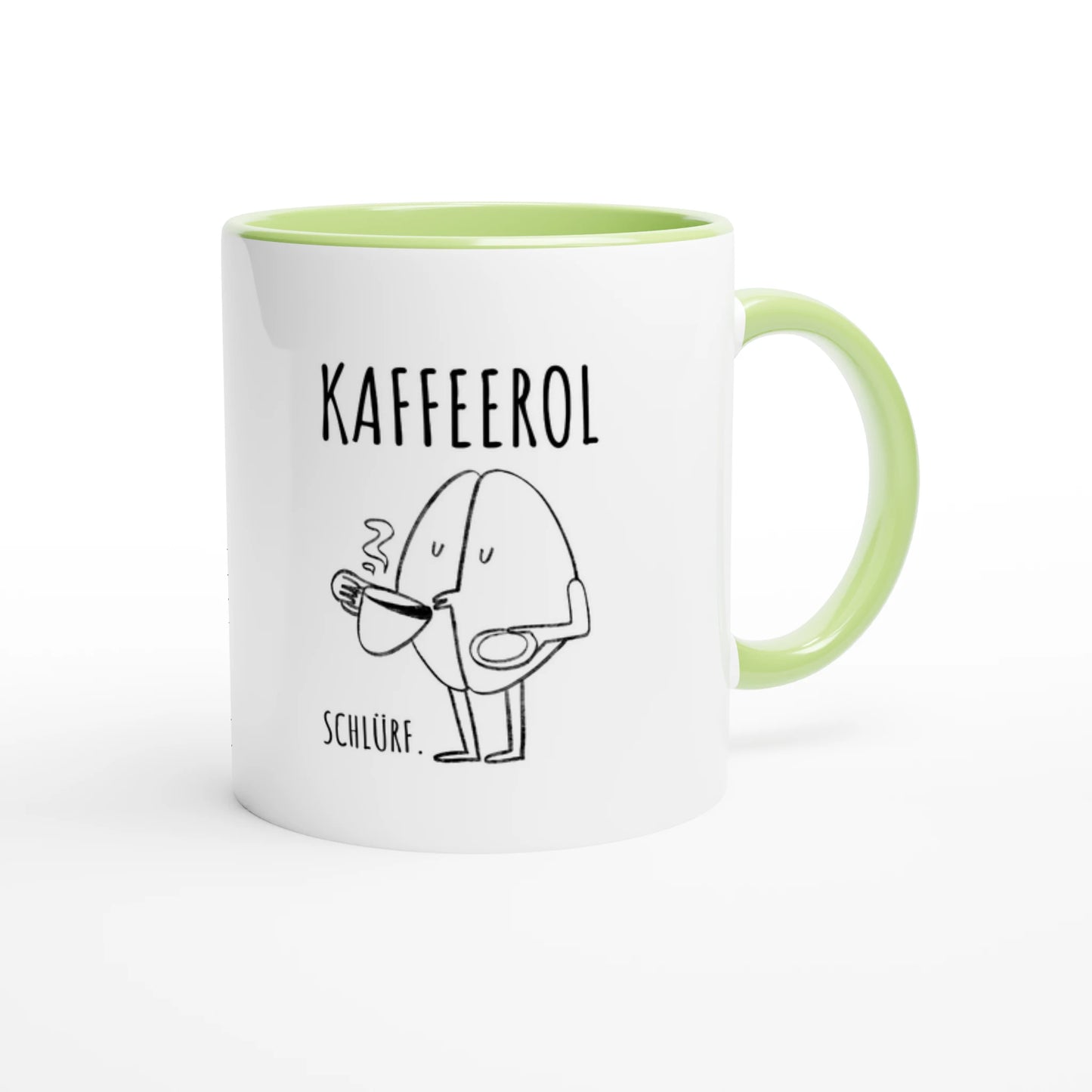 Zweifarbige Keramiktasse 325 ml mit Aufdruck "Kaffeerol. Schlürf" in Grün – Schreibtischtasse von Vollzeitfrust

