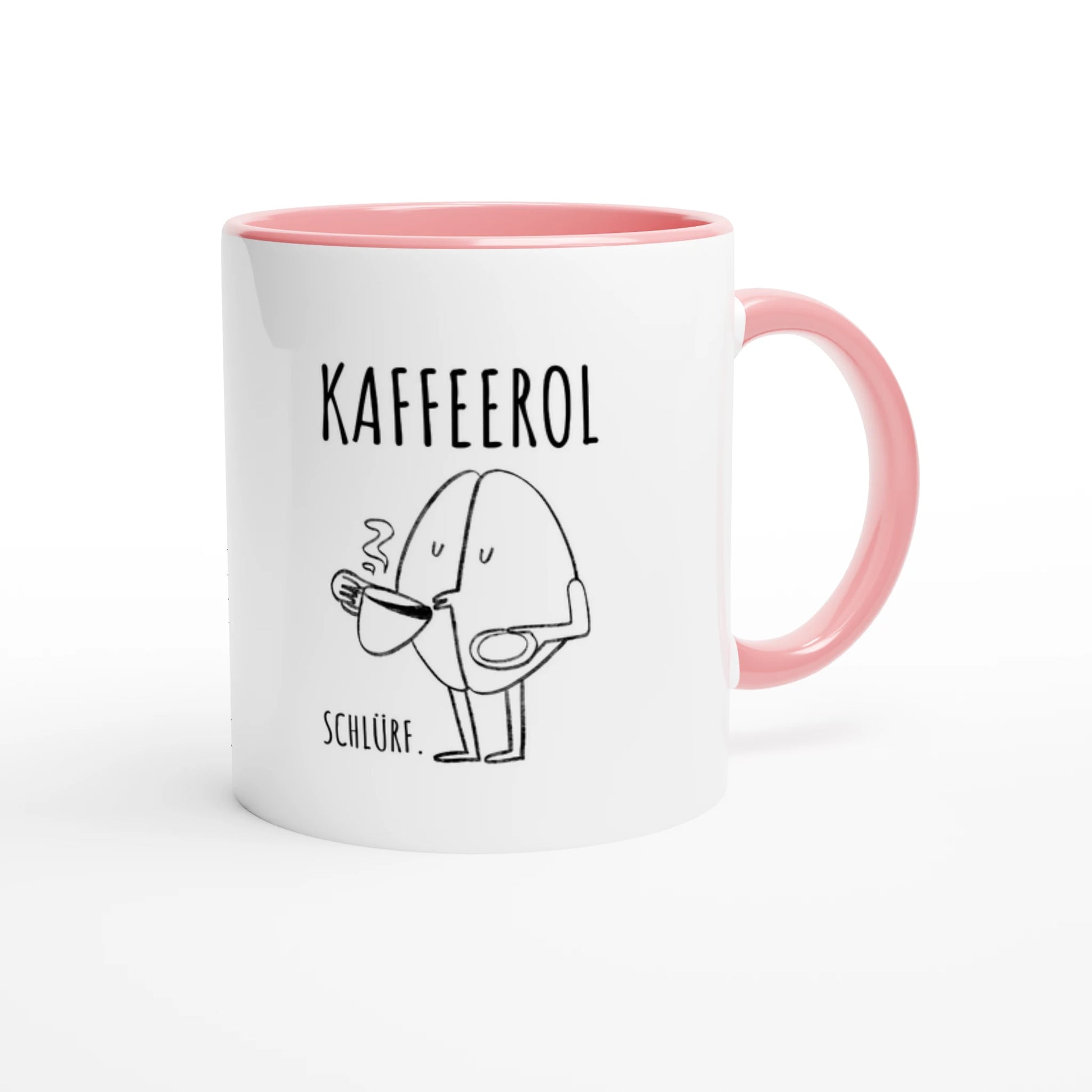 Zweifarbige Keramiktasse 325 ml mit Aufdruck "Kaffeerol. Schlürf" in Rosa – Schreibtischtasse von Vollzeitfrust
