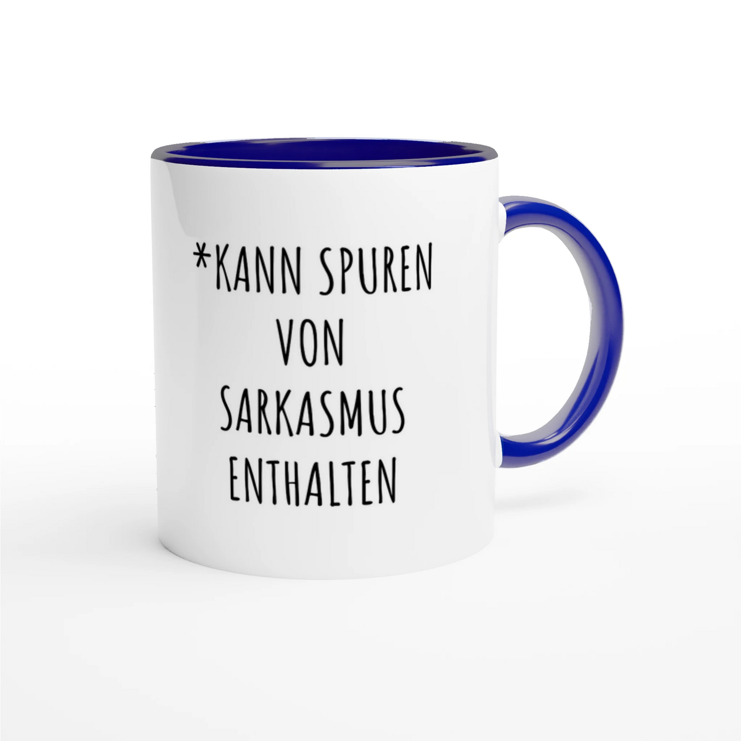 Zweifarbige Keramiktasse 325 ml mit Aufdruck "*Kann Spuren von Sarkasmus enthalten" in Blau – Schreibtischtasse von Vollzeitfrust
