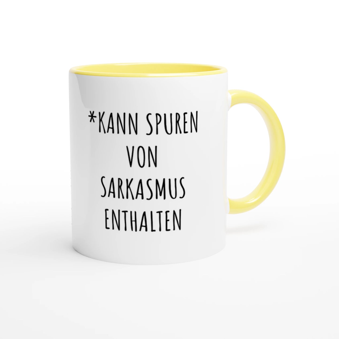 Zweifarbige Keramiktasse 325 ml mit Aufdruck "*Kann Spuren von Sarkasmus enthalten" in Gelb – Schreibtischtasse von Vollzeitfrust
